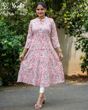🌺“Coral Maze Printed A-Line Kurti”