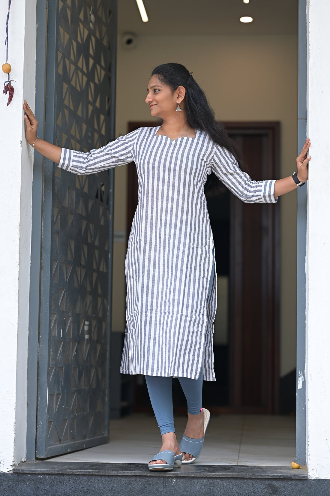 Ivory Stripe Smart Kurti 1928