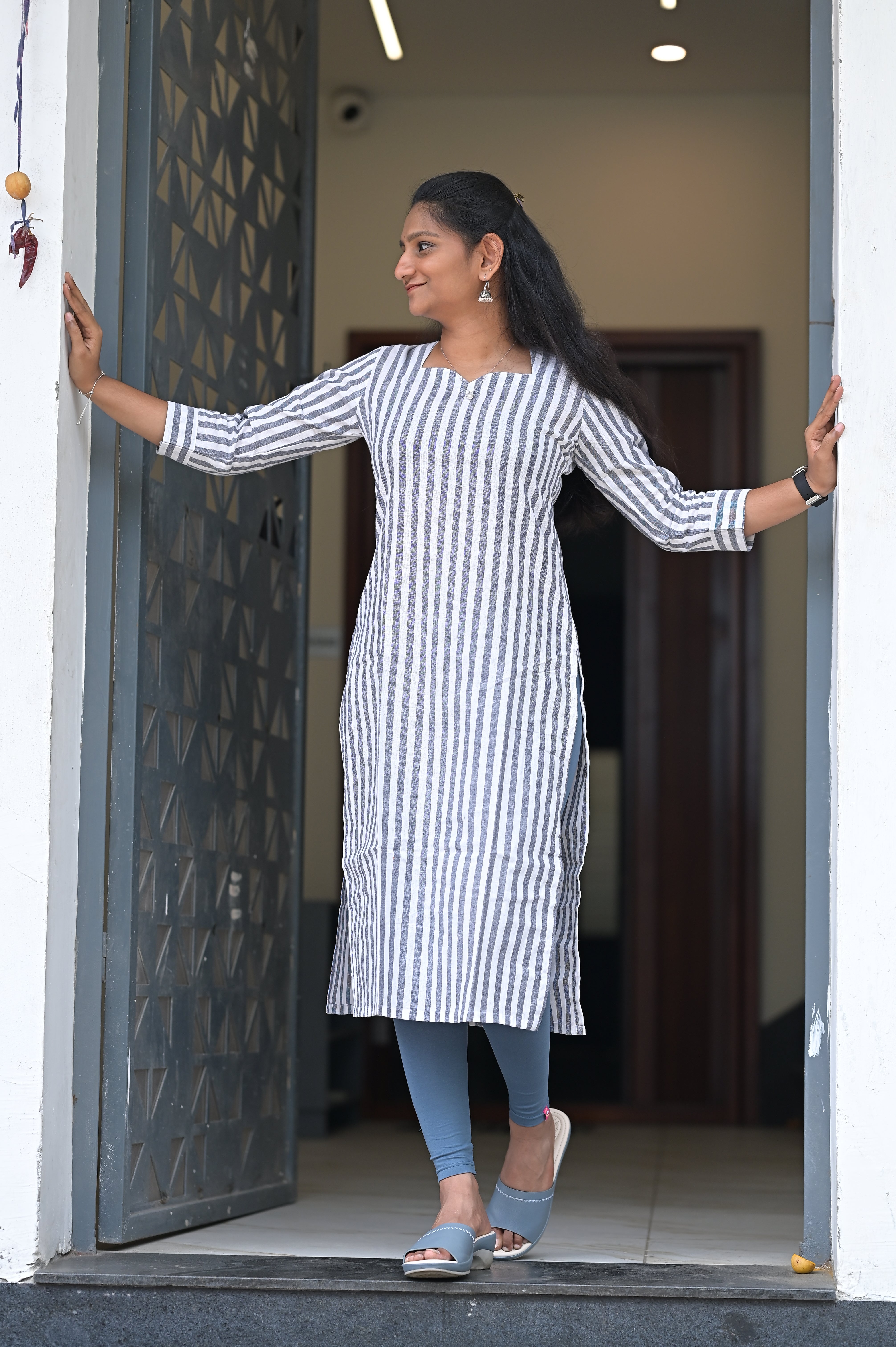 Ivory Stripe Smart Kurti 1928