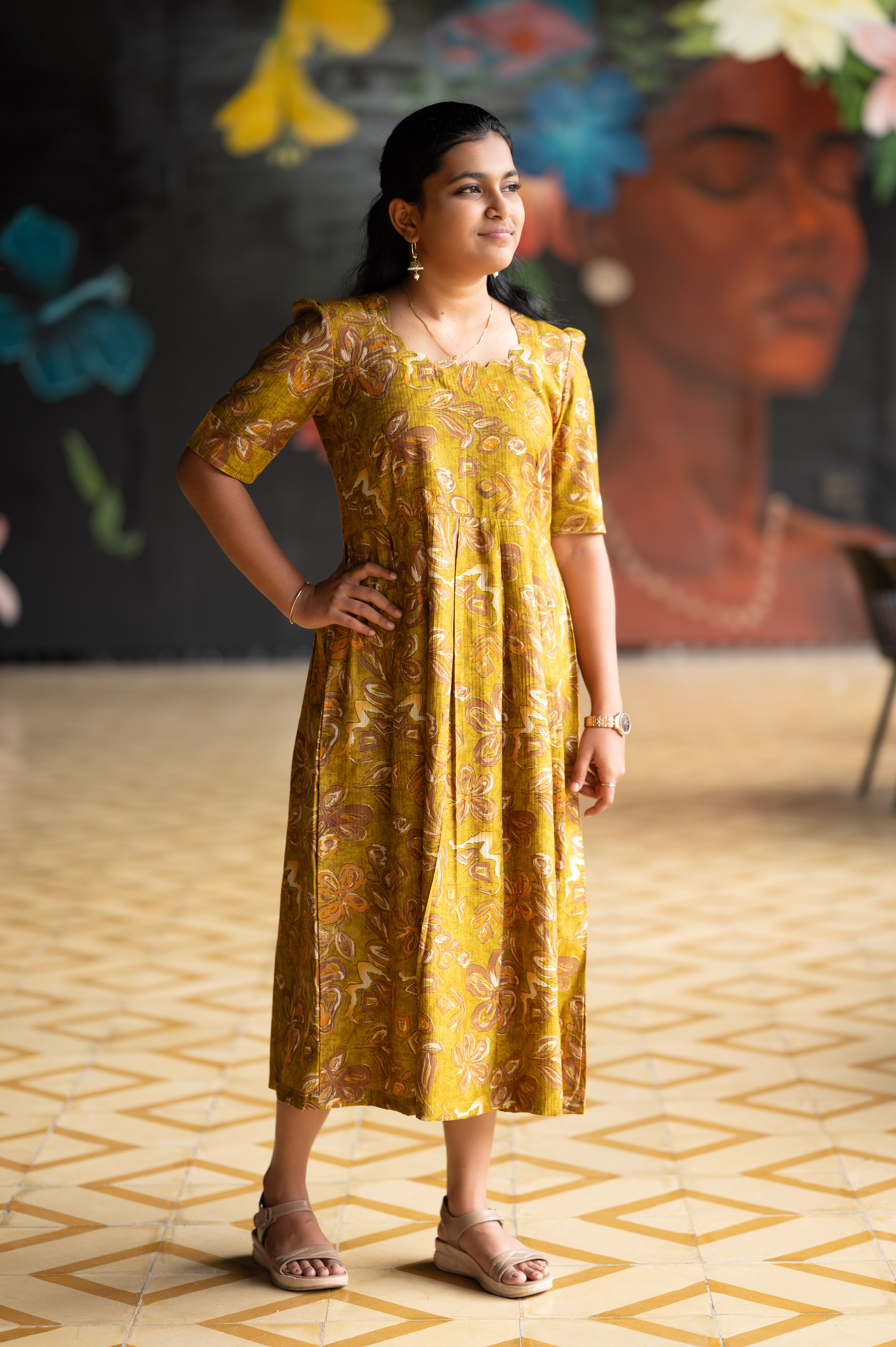 🌼;Mustard Meadow Fit & Flare Dress
