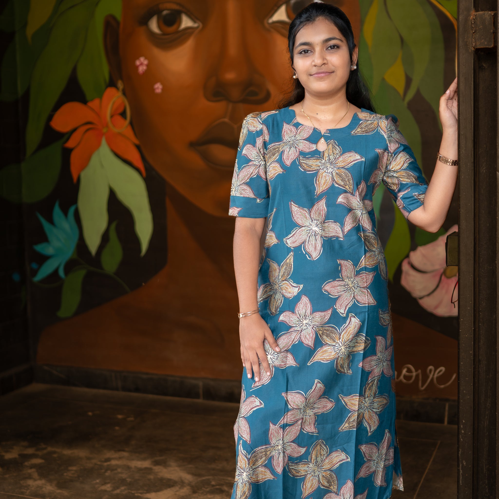 🩵🪺 Teal Blue Blossom Straight Kurti