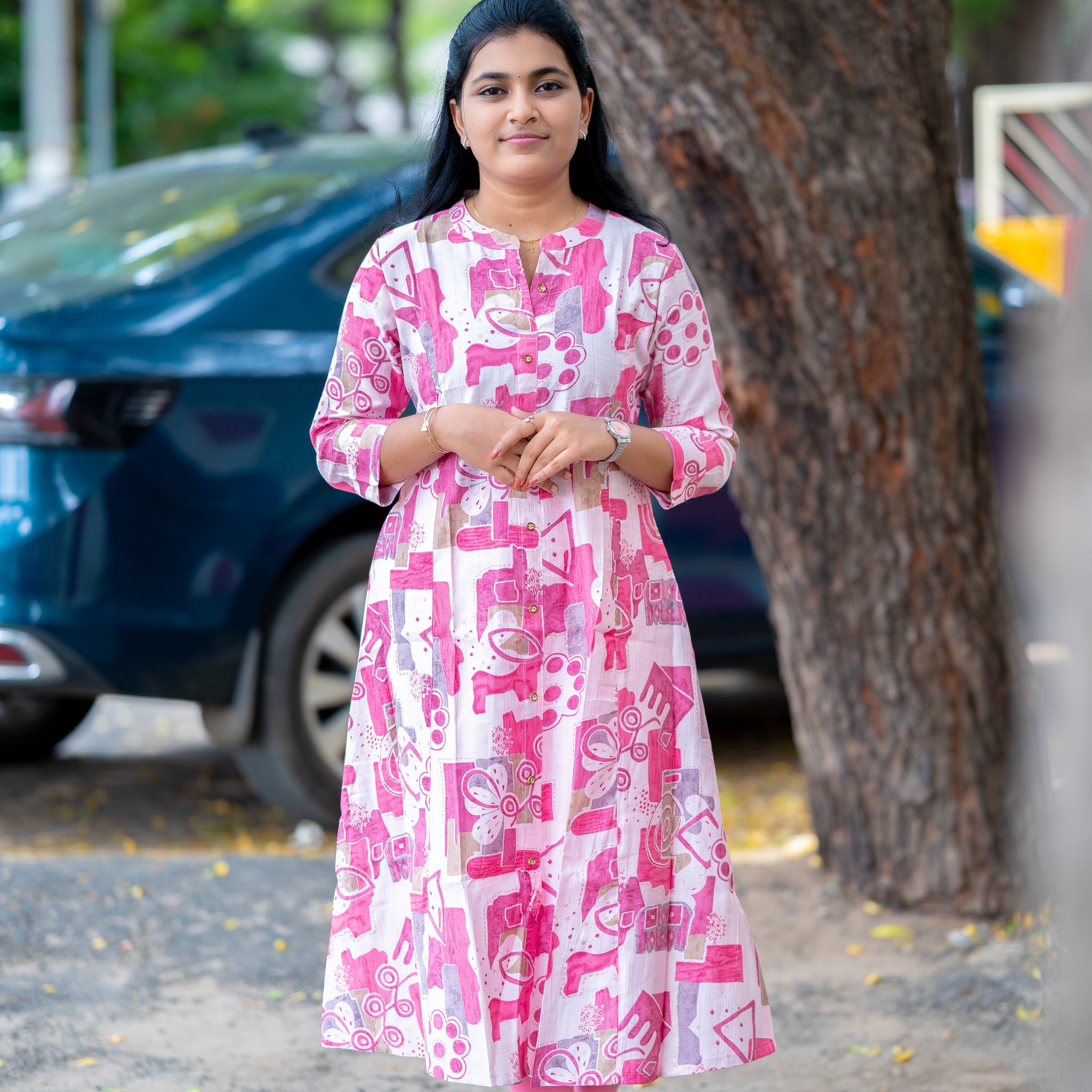 🩷 Abstract Pink A-Line Kurti