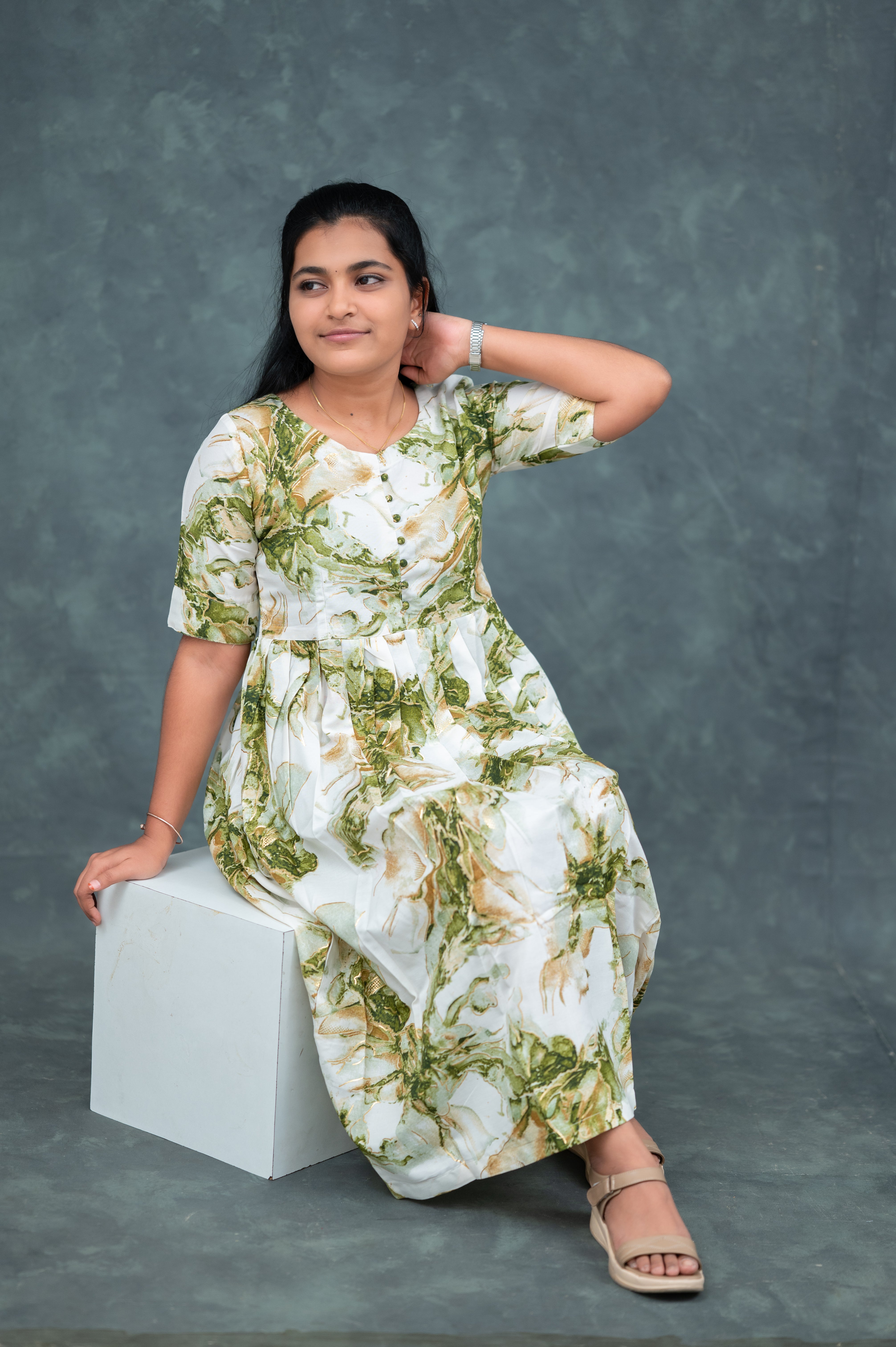 🟢  Olive Whisper Flared Kurti Dress