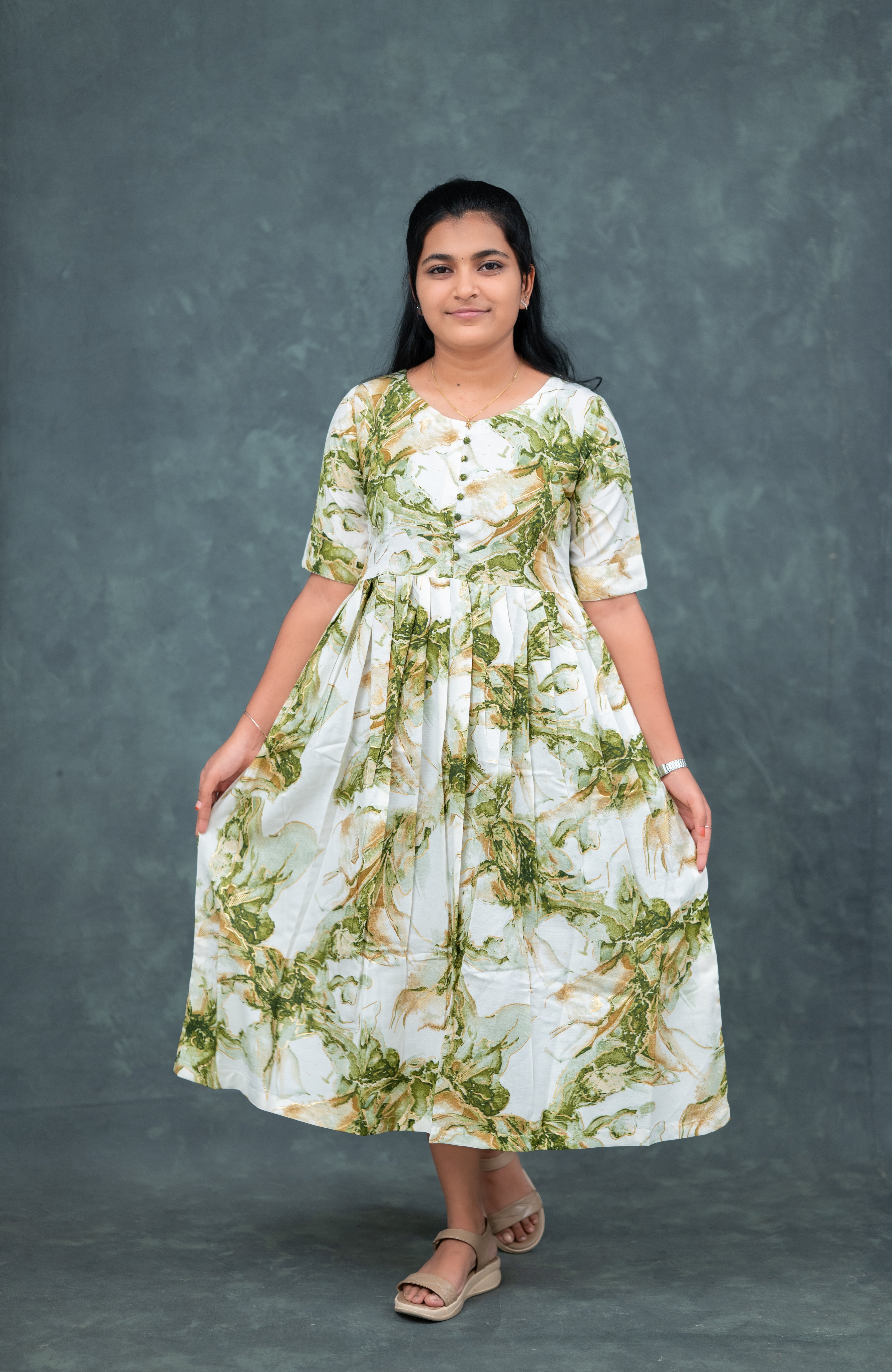🟢  Olive Whisper Flared Kurti Dress