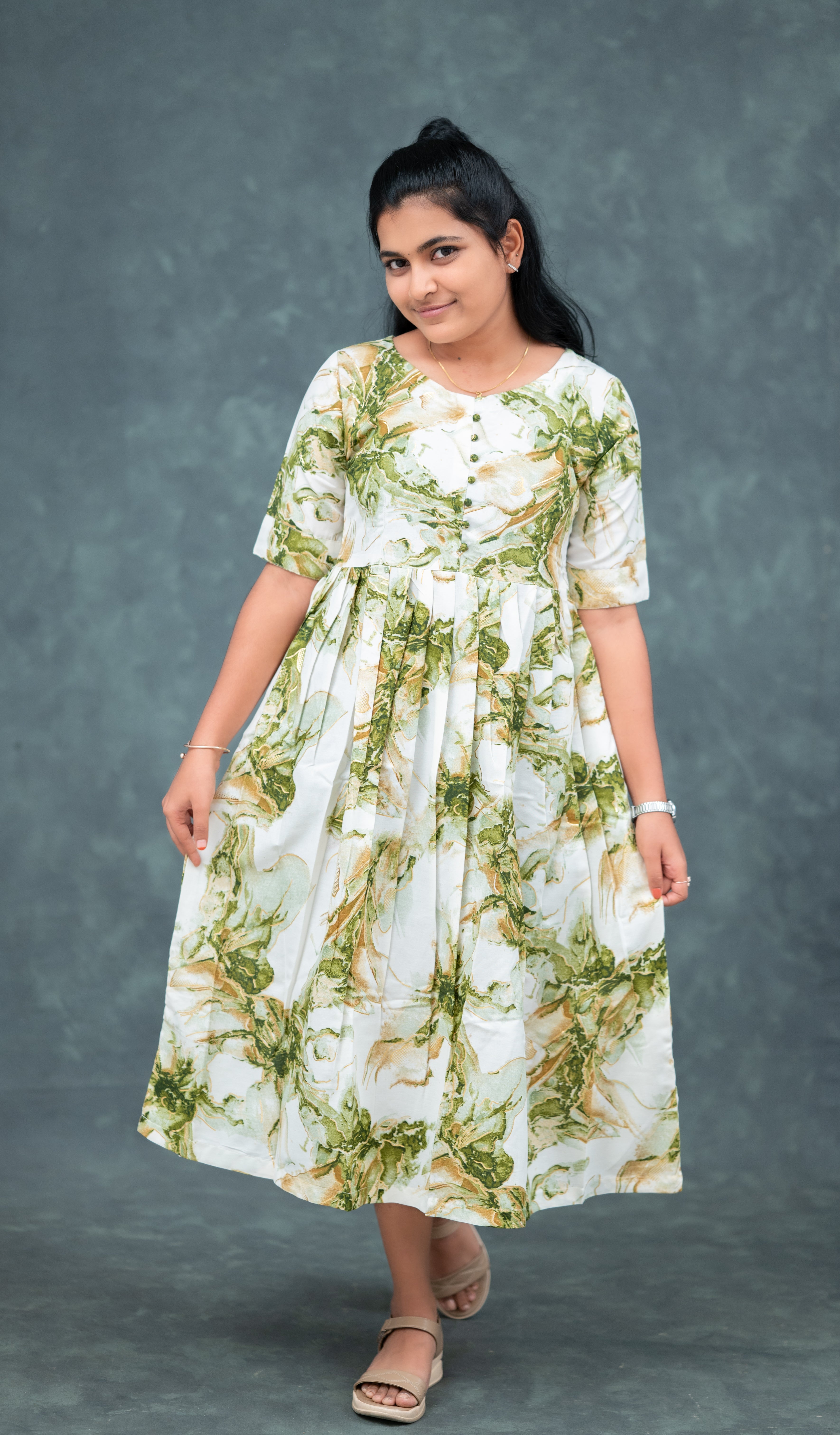 🟢  Olive Whisper Flared Kurti Dress