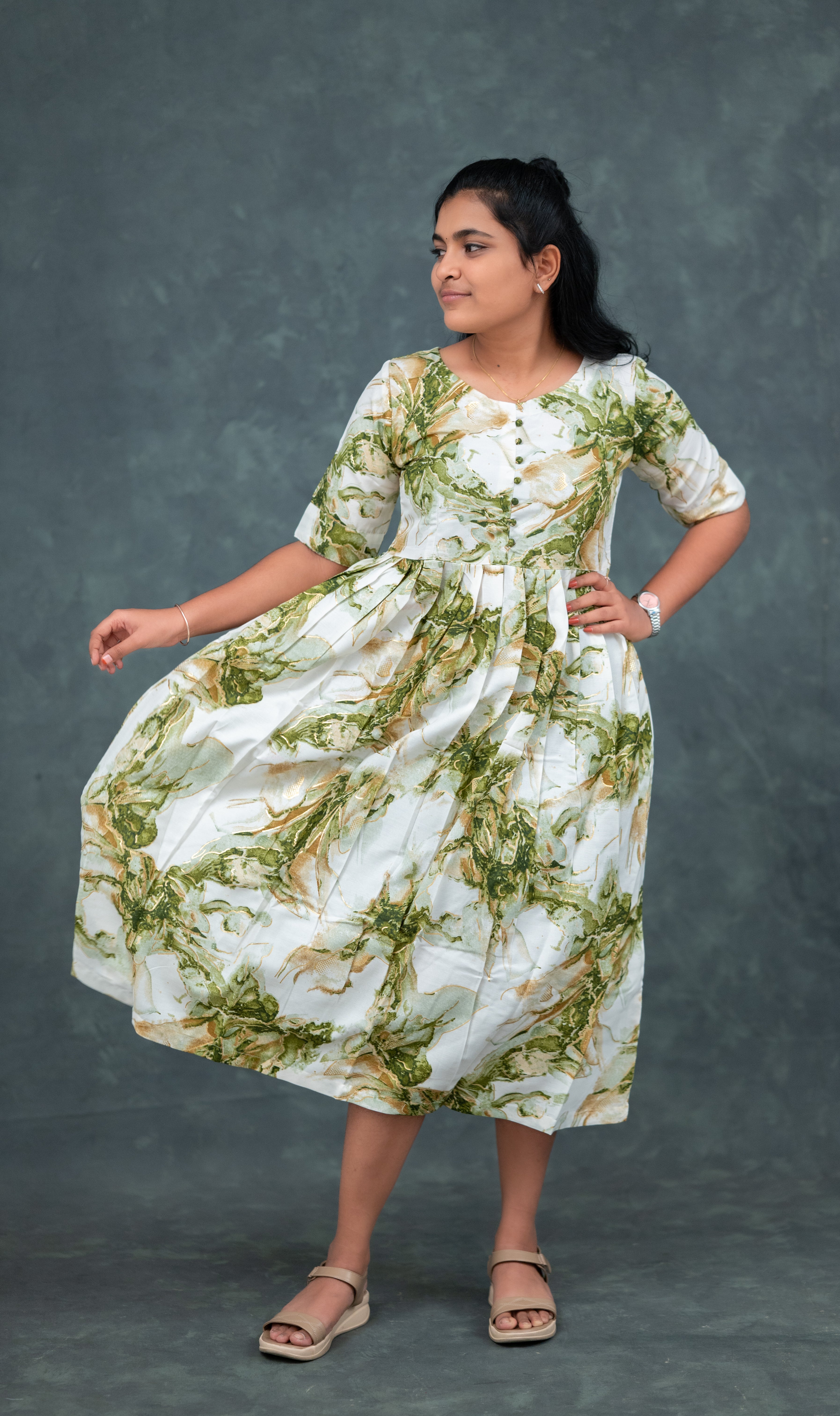 🟢  Olive Whisper Flared Kurti Dress