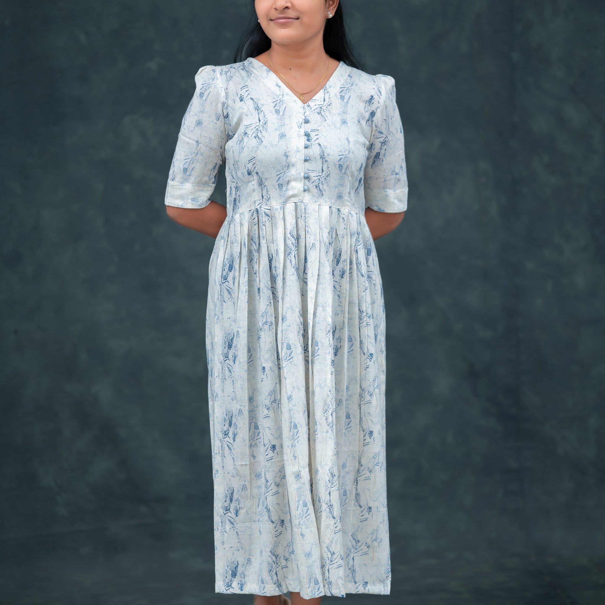 🌬️ Mist Blue Empire-Line Pleated Kurti with Fabric balls