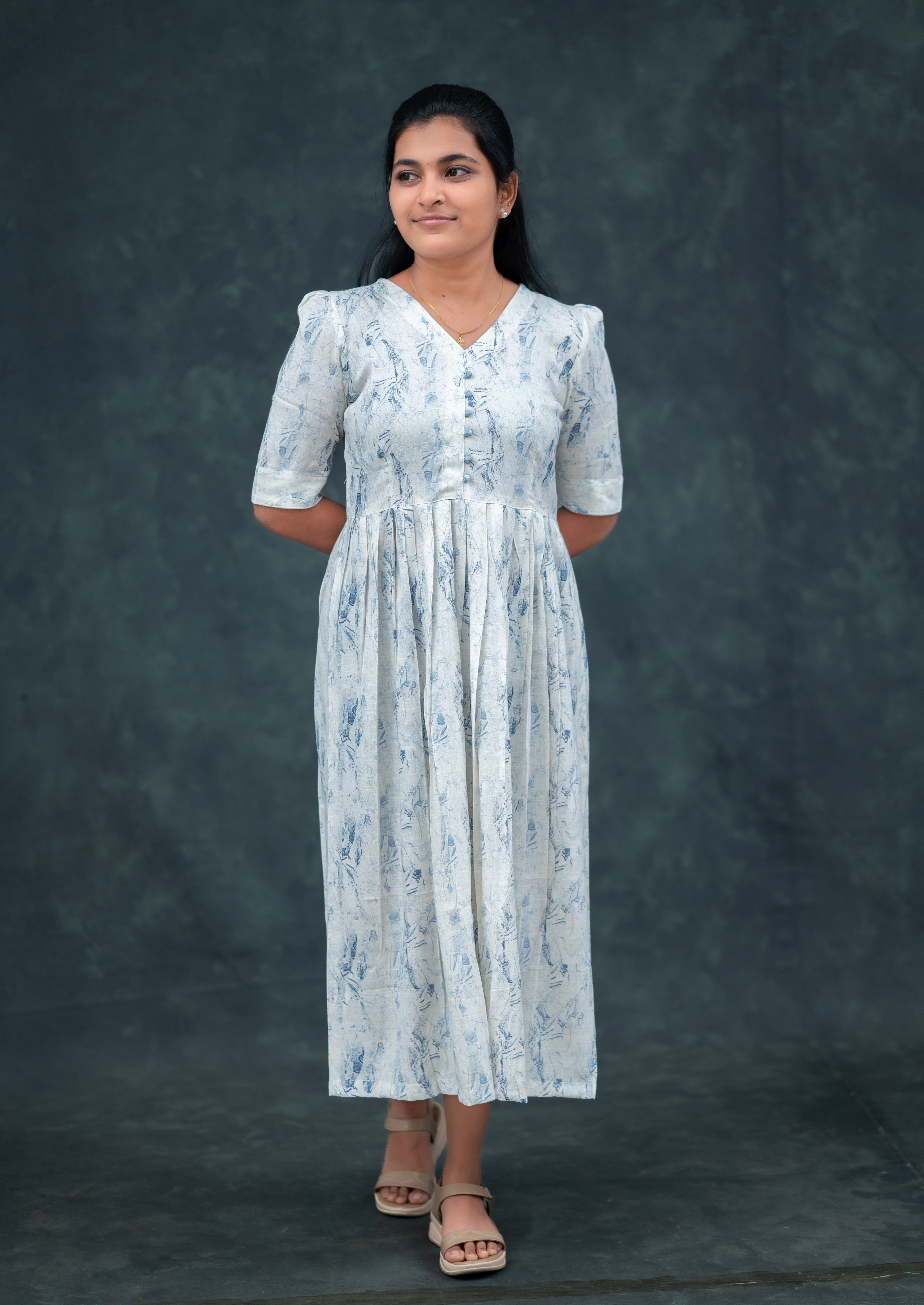 🌬️ Mist Blue Empire-Line Pleated Kurti with Fabric balls