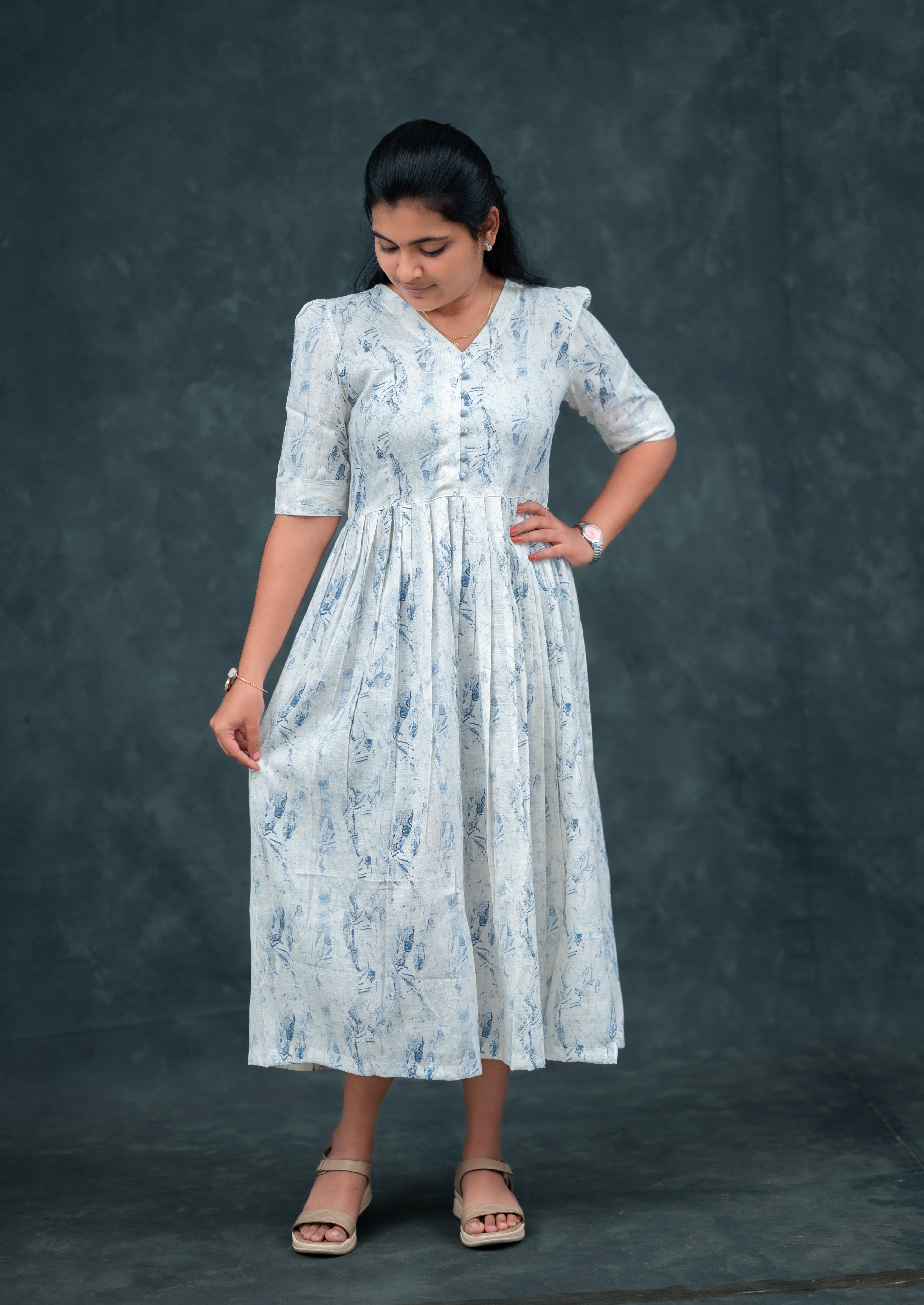 🌬️ Mist Blue Empire-Line Pleated Kurti with Fabric balls