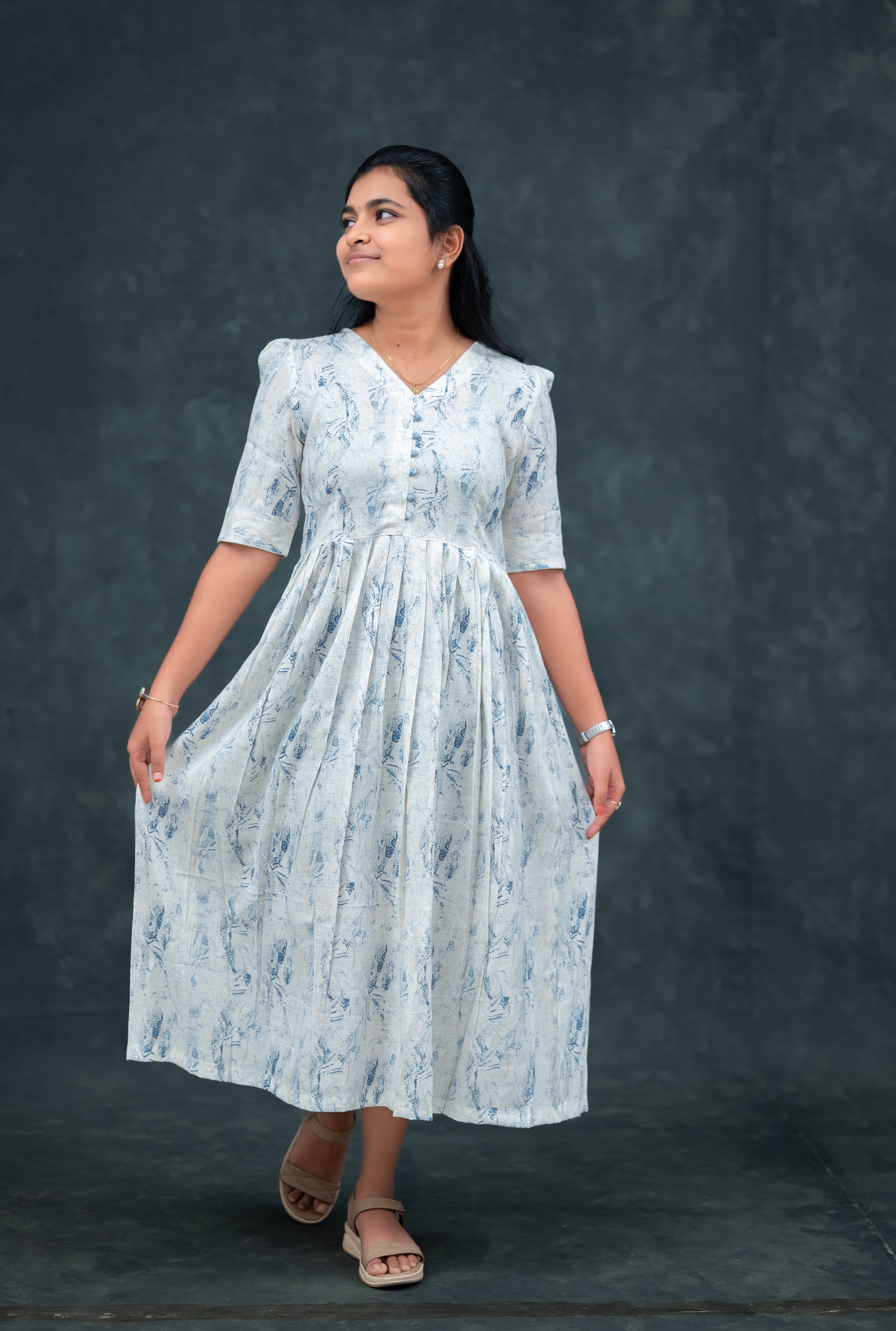 🌬️ Mist Blue Empire-Line Pleated Kurti with Fabric balls