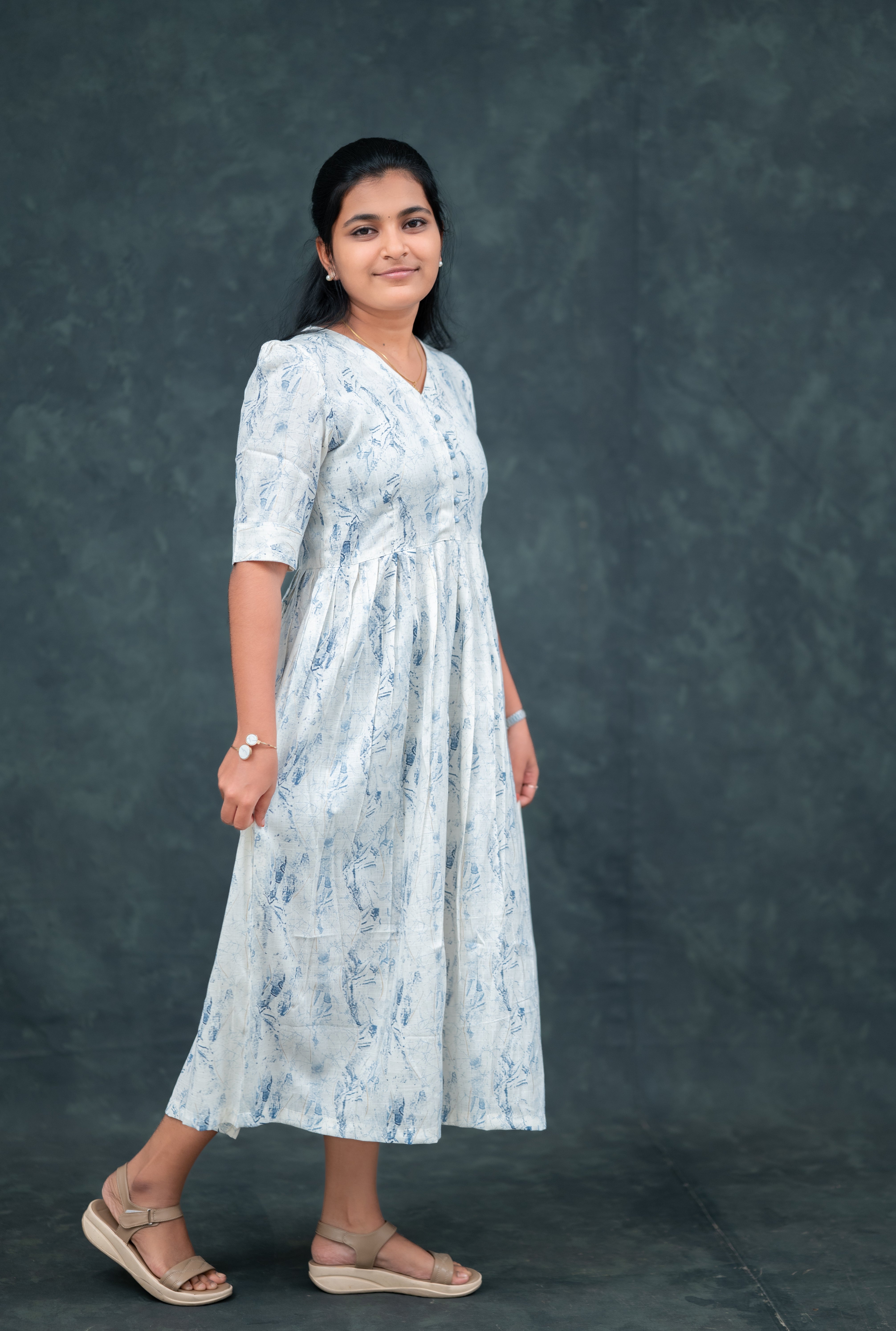 🌬️ Mist Blue Empire-Line Pleated Kurti with Fabric balls