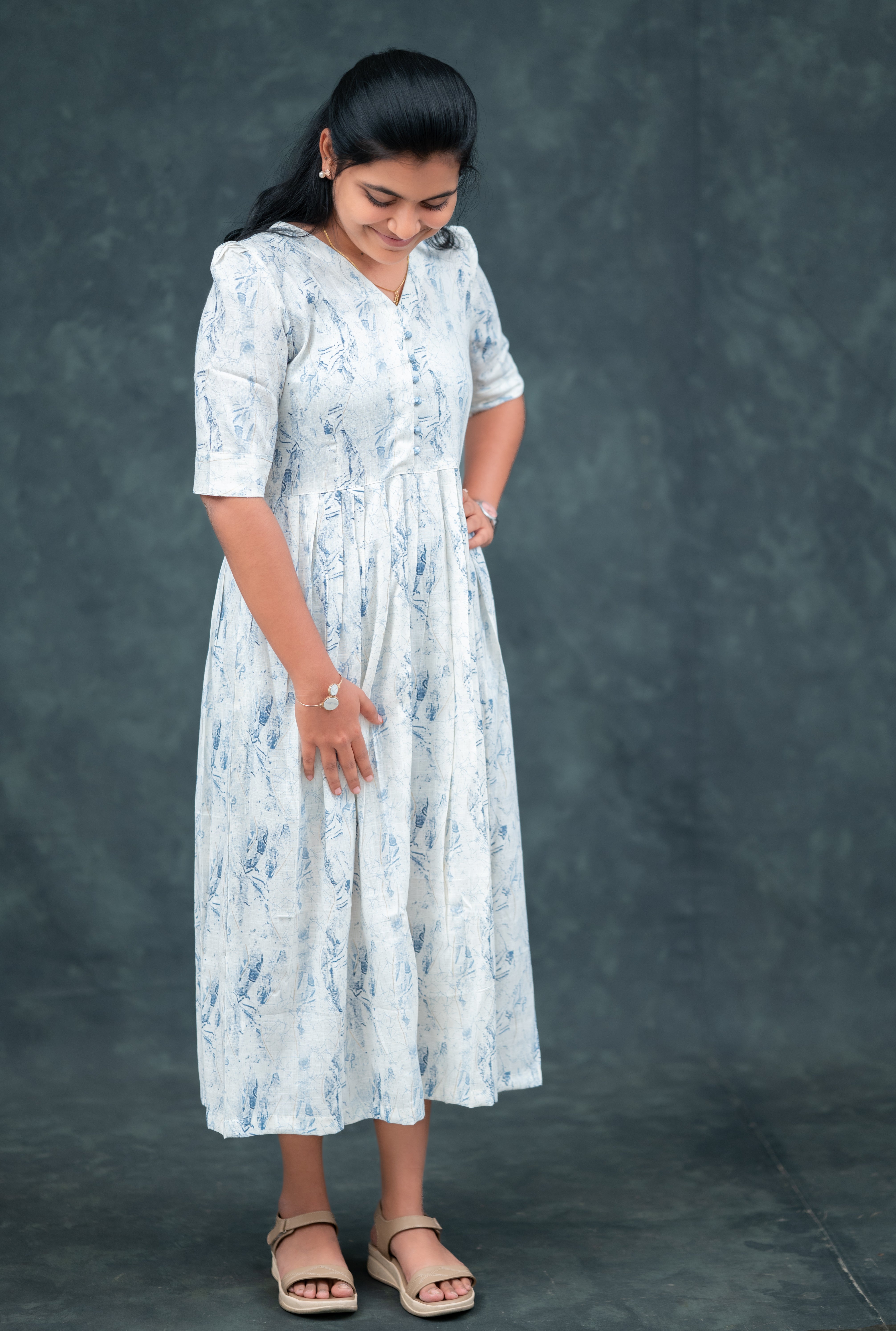 🌬️ Mist Blue Empire-Line Pleated Kurti with Fabric balls