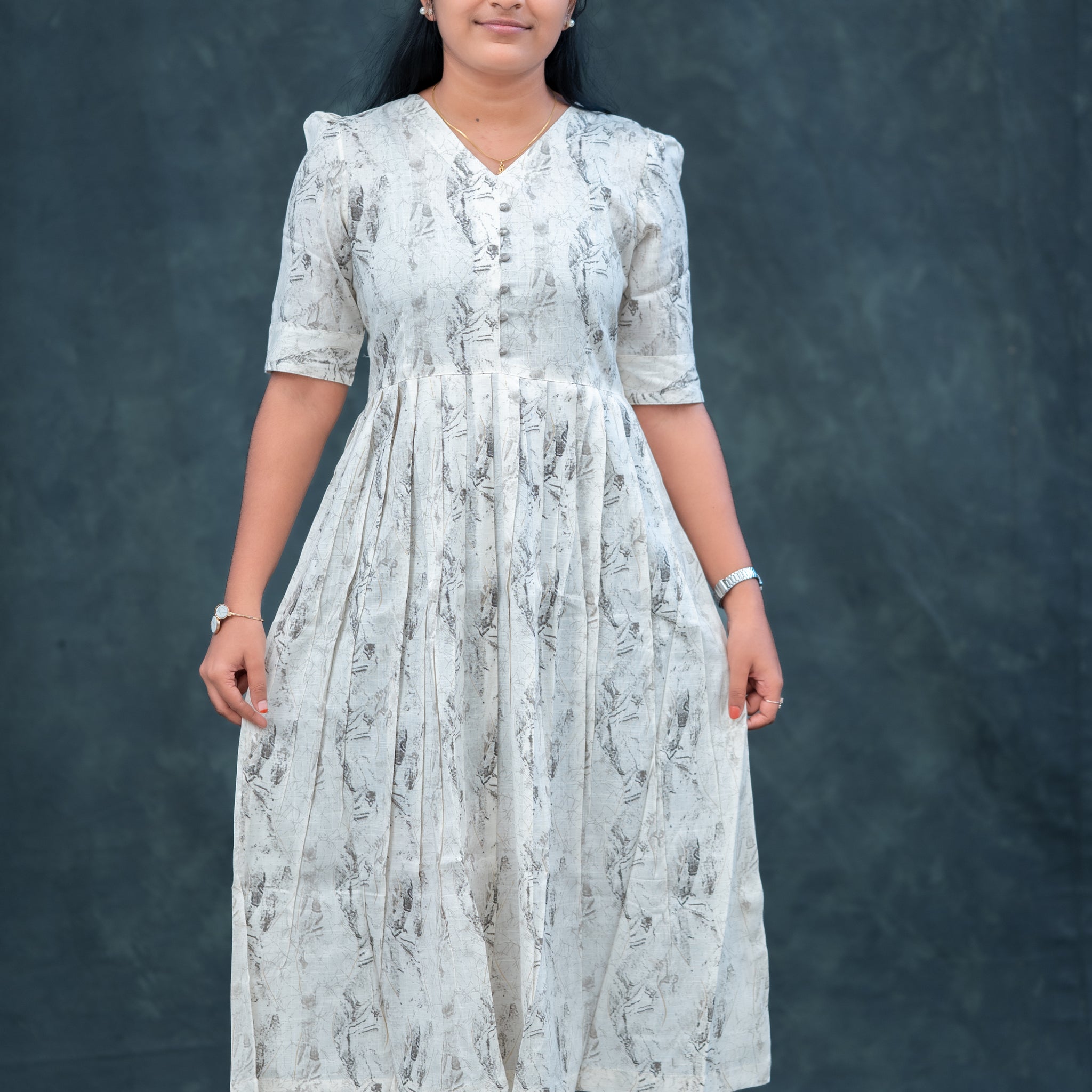 🕊️ Ash Grey Pleated Empire Kurti with Fabric Buttons – Understated Elegance