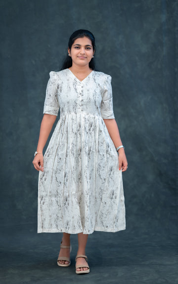🕊️ Ash Grey Pleated Empire Kurti with Fabric Buttons – Understated Elegance