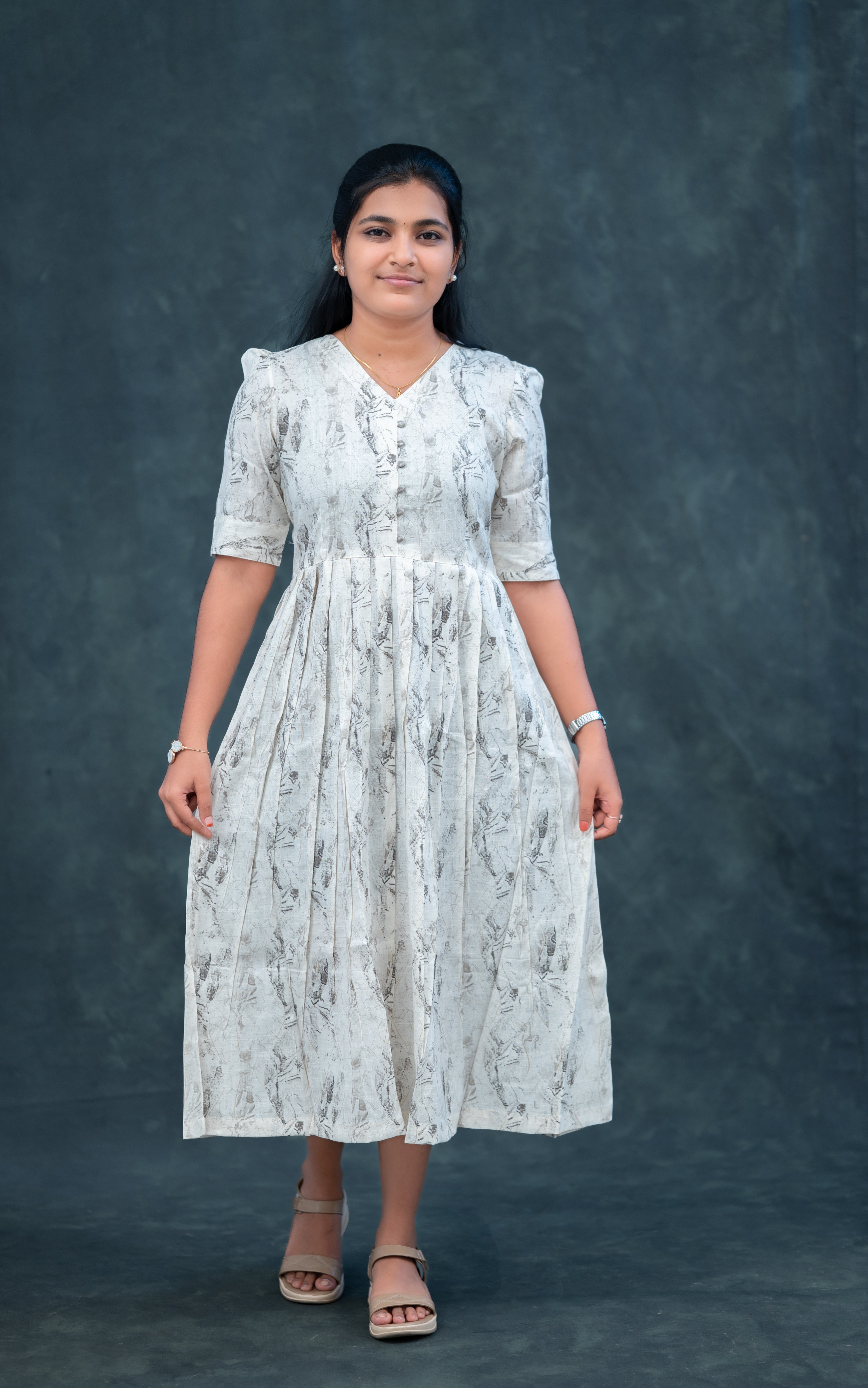 🕊️ Ash Grey Pleated Empire Kurti with Fabric Buttons – Understated Elegance