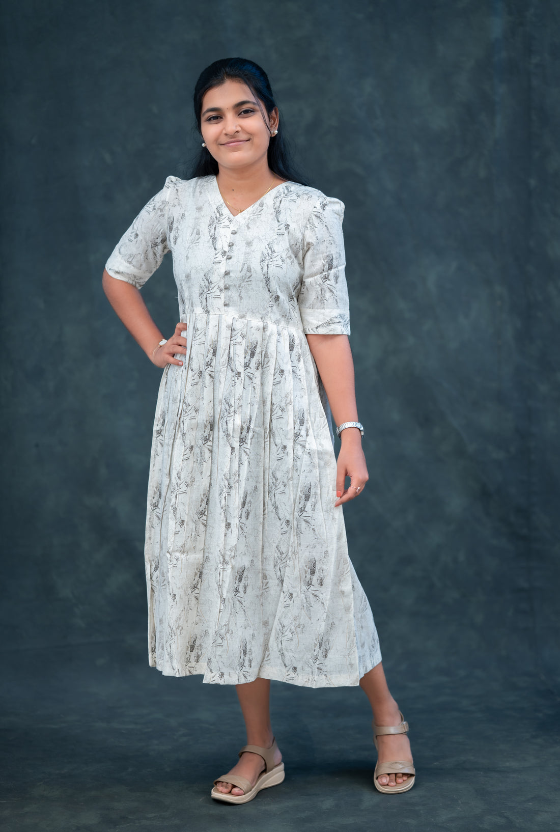 🕊️ Ash Grey Pleated Empire Kurti with Fabric Buttons – Understated Elegance