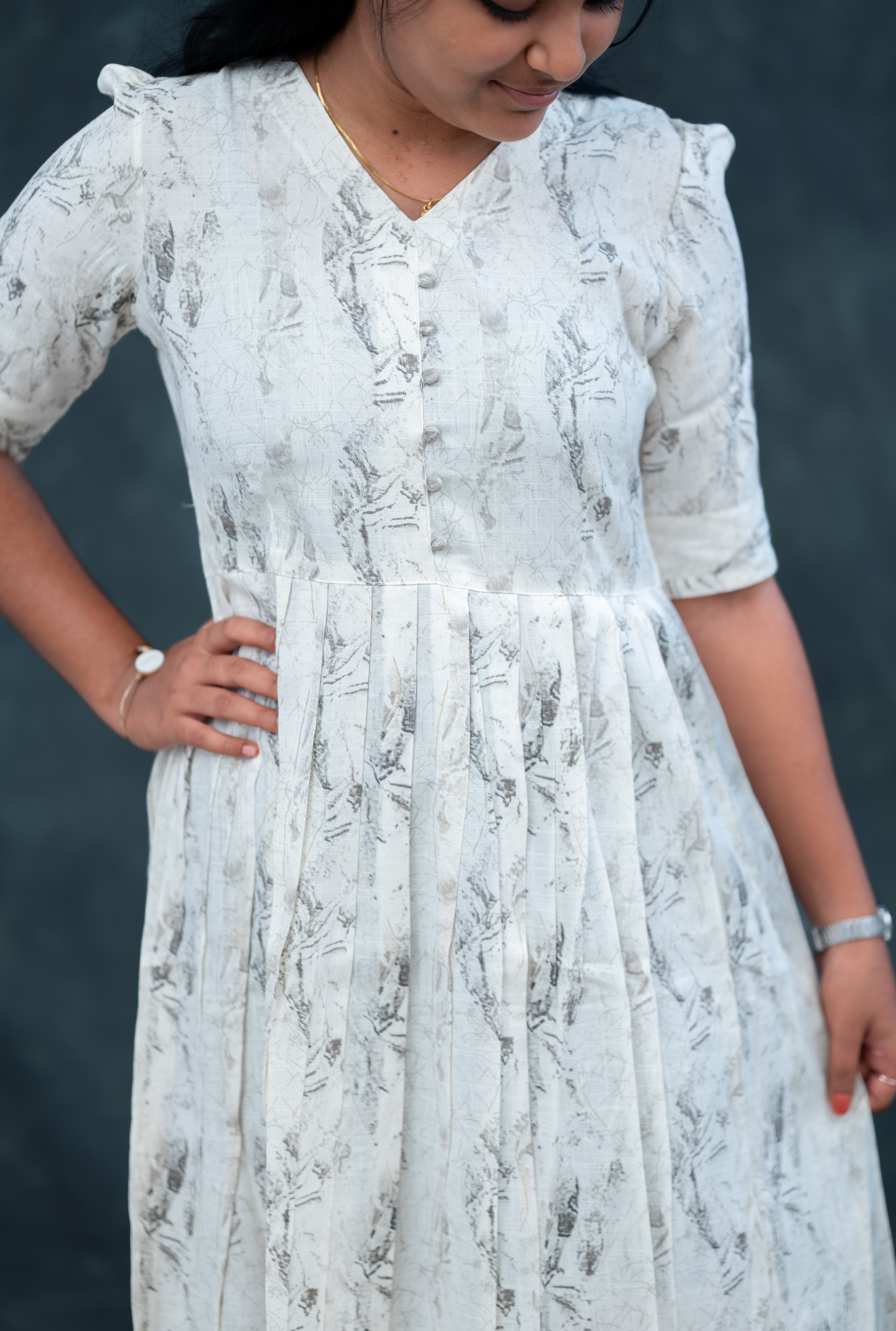 🕊️ Ash Grey Pleated Empire Kurti with Fabric Buttons – Understated Elegance