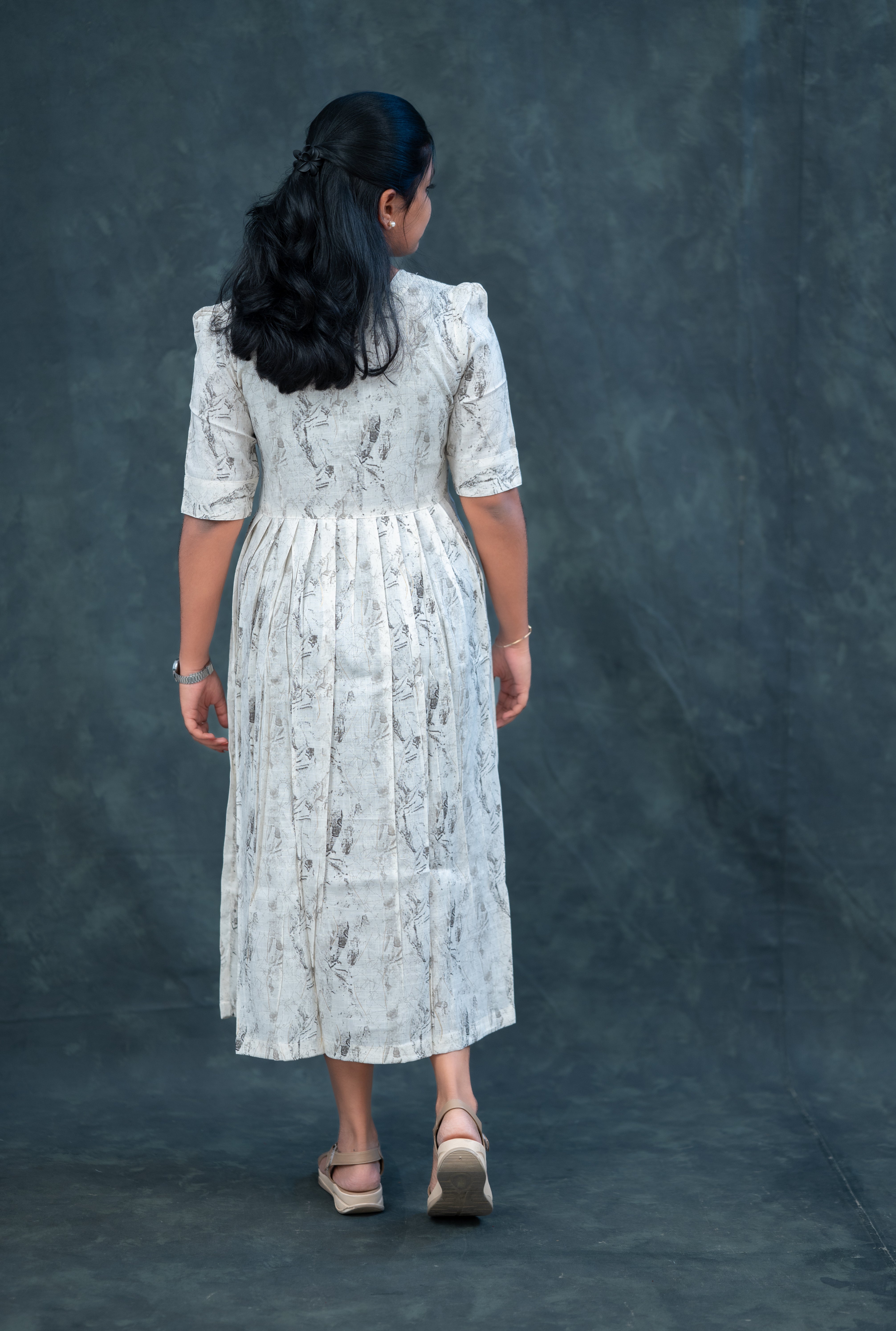 🕊️ Ash Grey Pleated Empire Kurti with Fabric Buttons – Understated Elegance