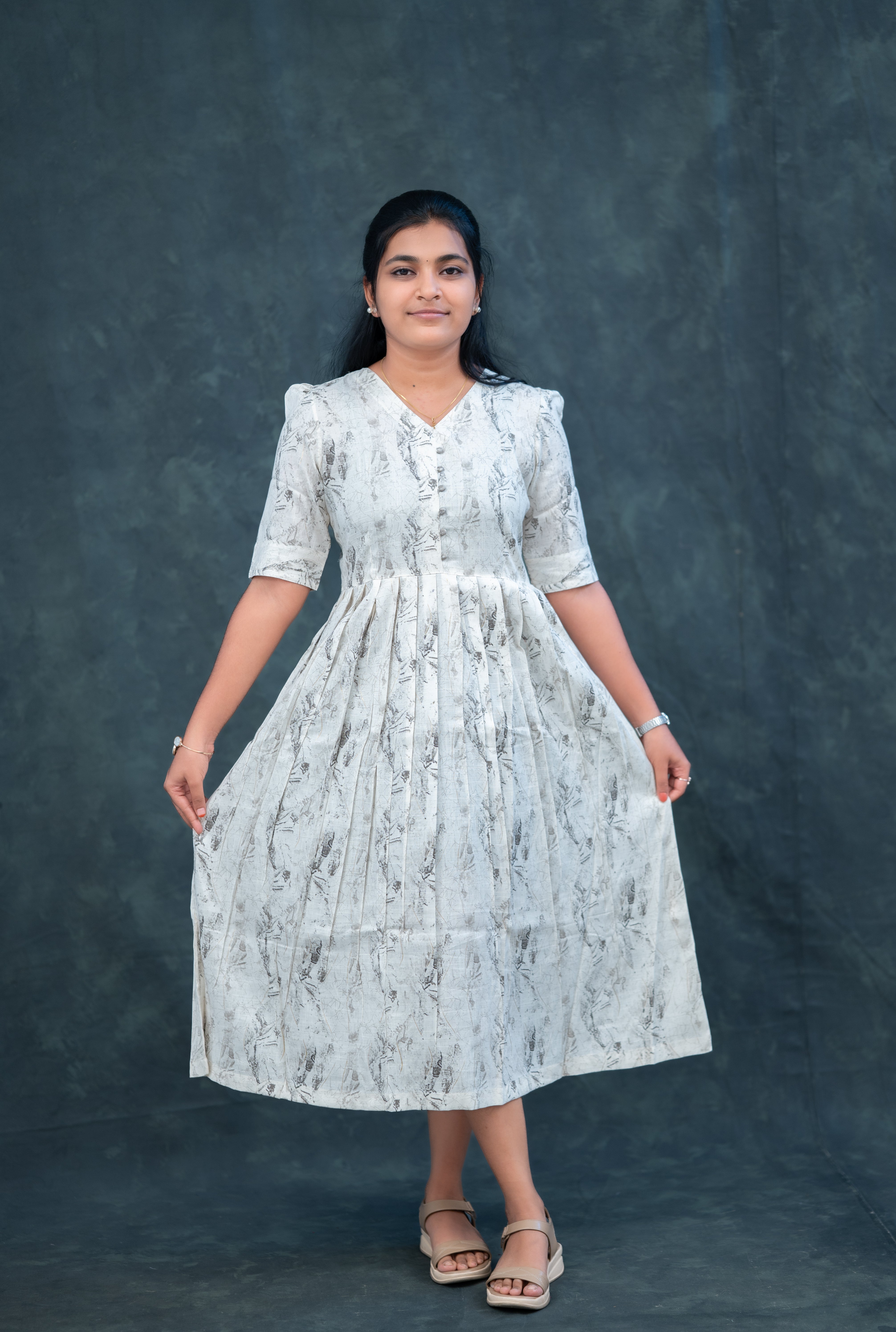 🕊️ Ash Grey Pleated Empire Kurti with Fabric Buttons – Understated Elegance