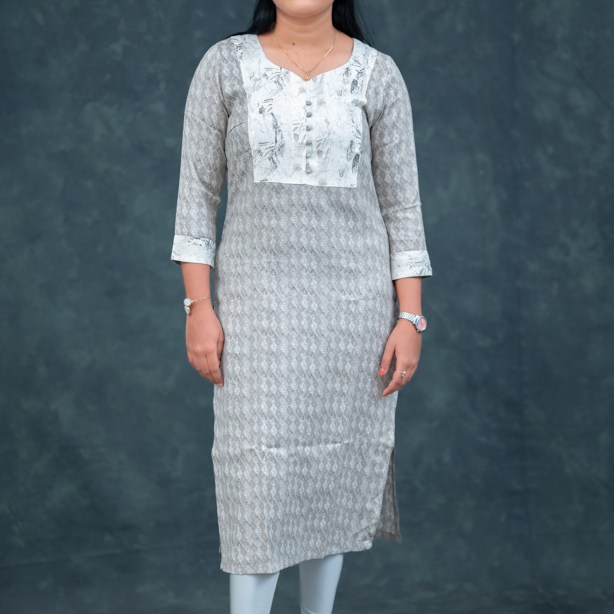 Elegant Grey Printed Cotton Straight Kurti with Contrast Yoke