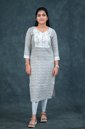 Elegant Grey Printed Cotton Straight Kurti with Contrast Yoke