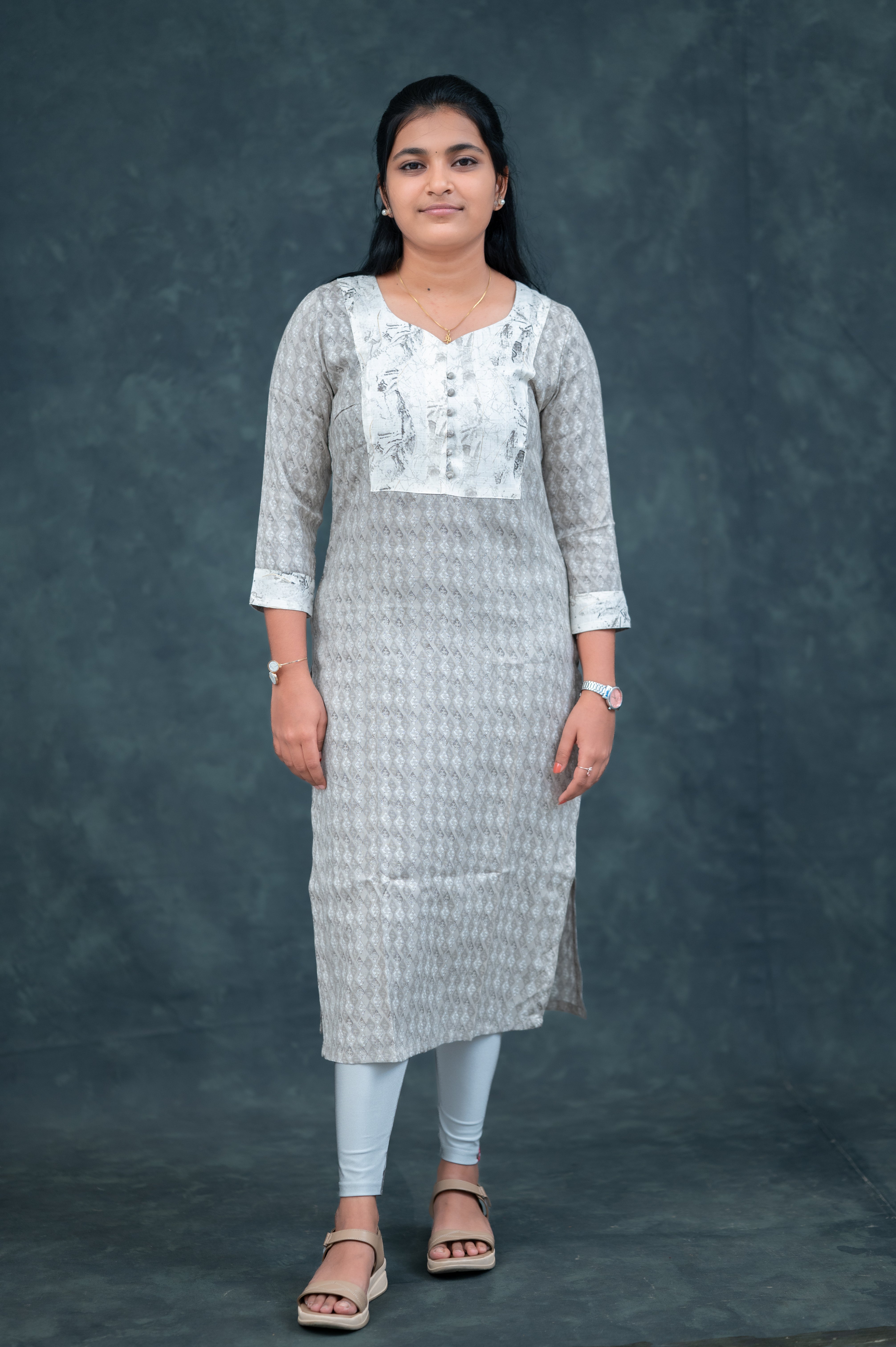 Elegant Grey Printed Cotton Straight Kurti with Contrast Yoke