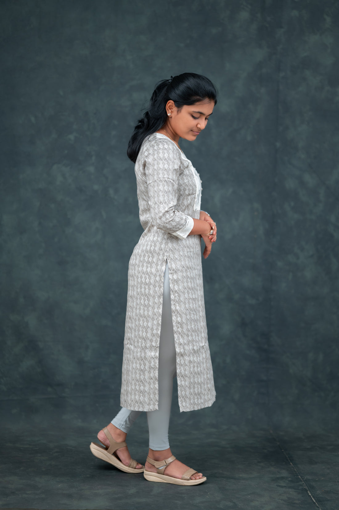 Elegant Grey Printed Cotton Straight Kurti with Contrast Yoke