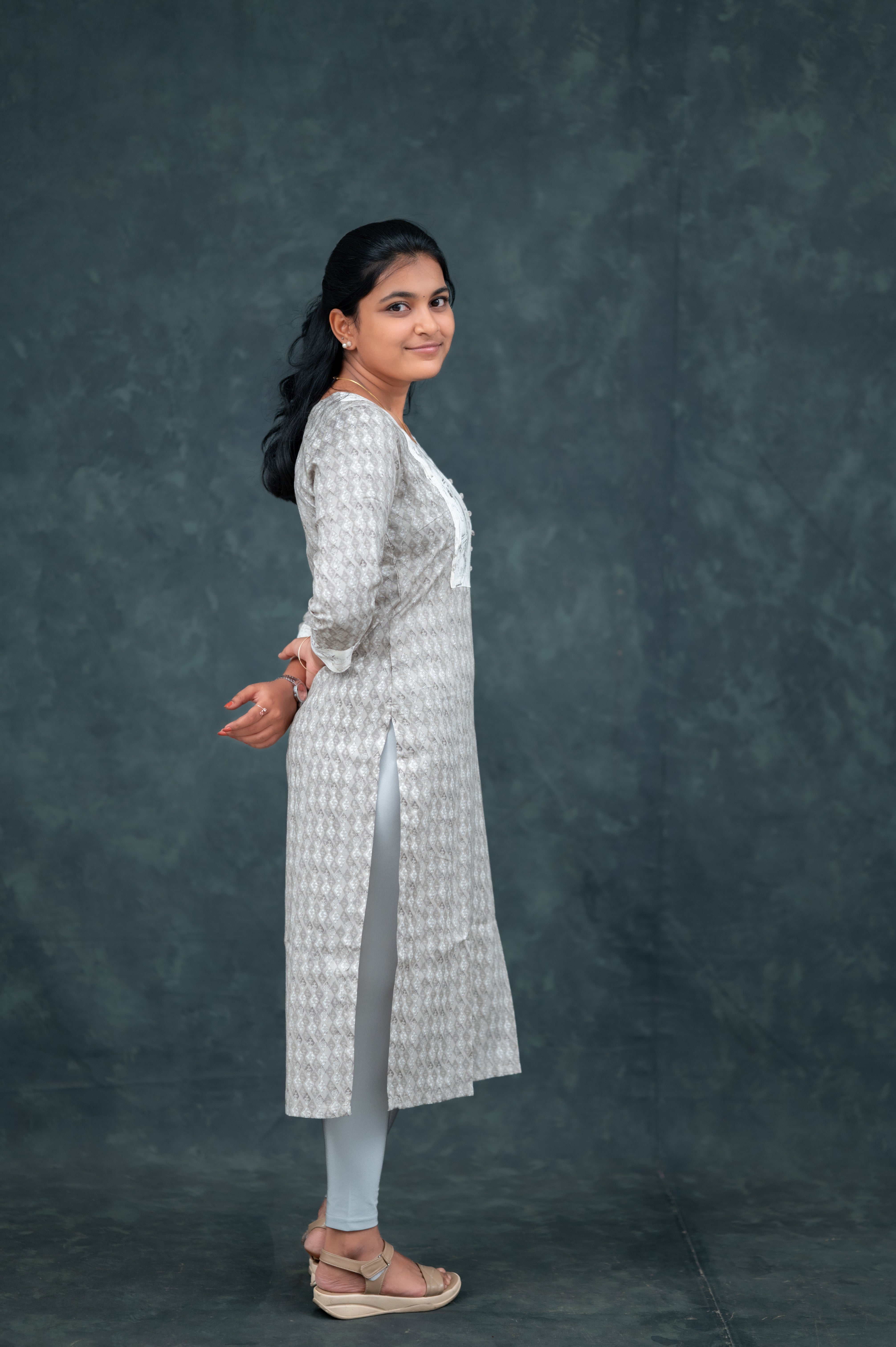 Elegant Grey Printed Cotton Straight Kurti with Contrast Yoke