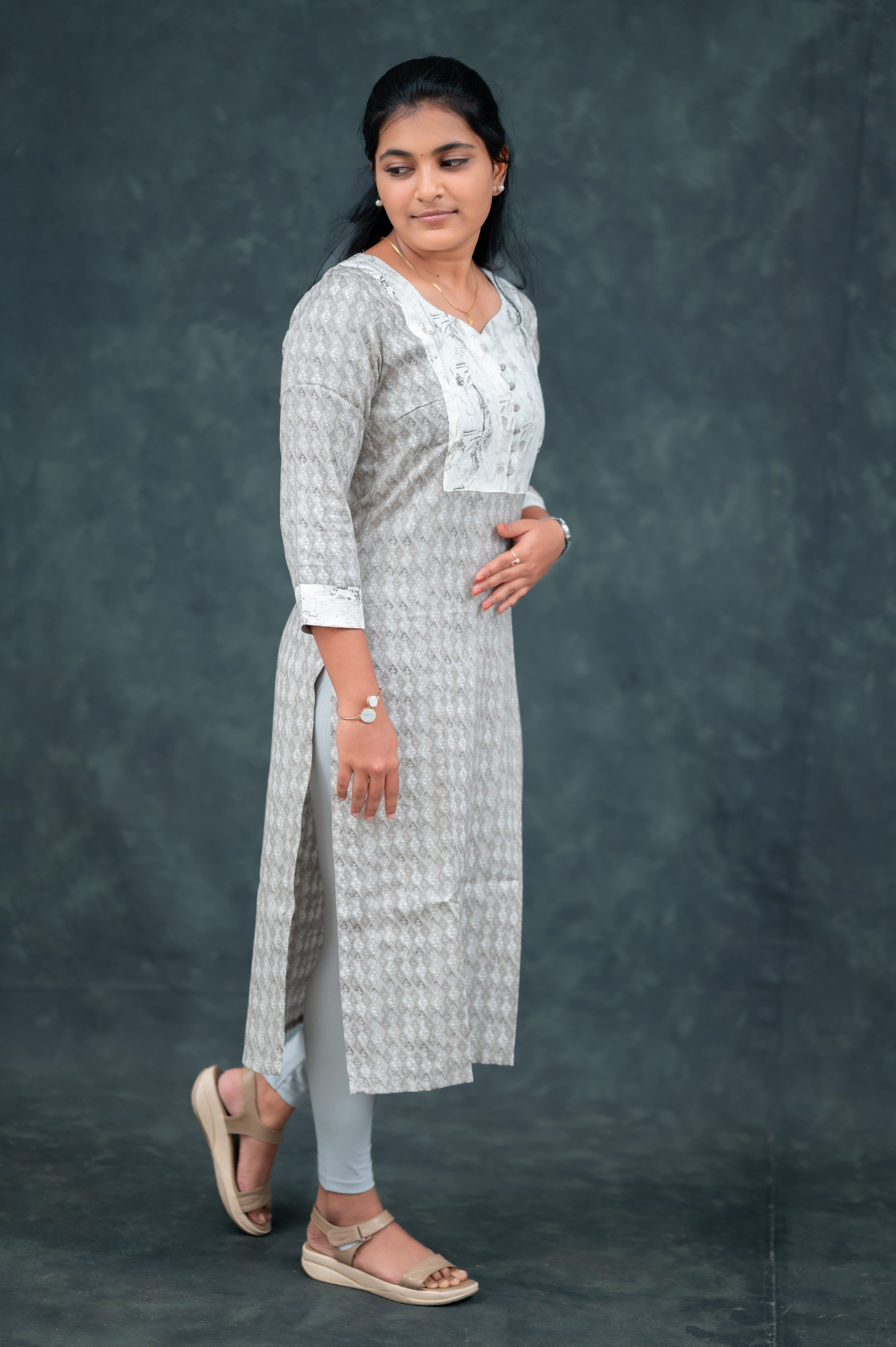 Elegant Grey Printed Cotton Straight Kurti with Contrast Yoke
