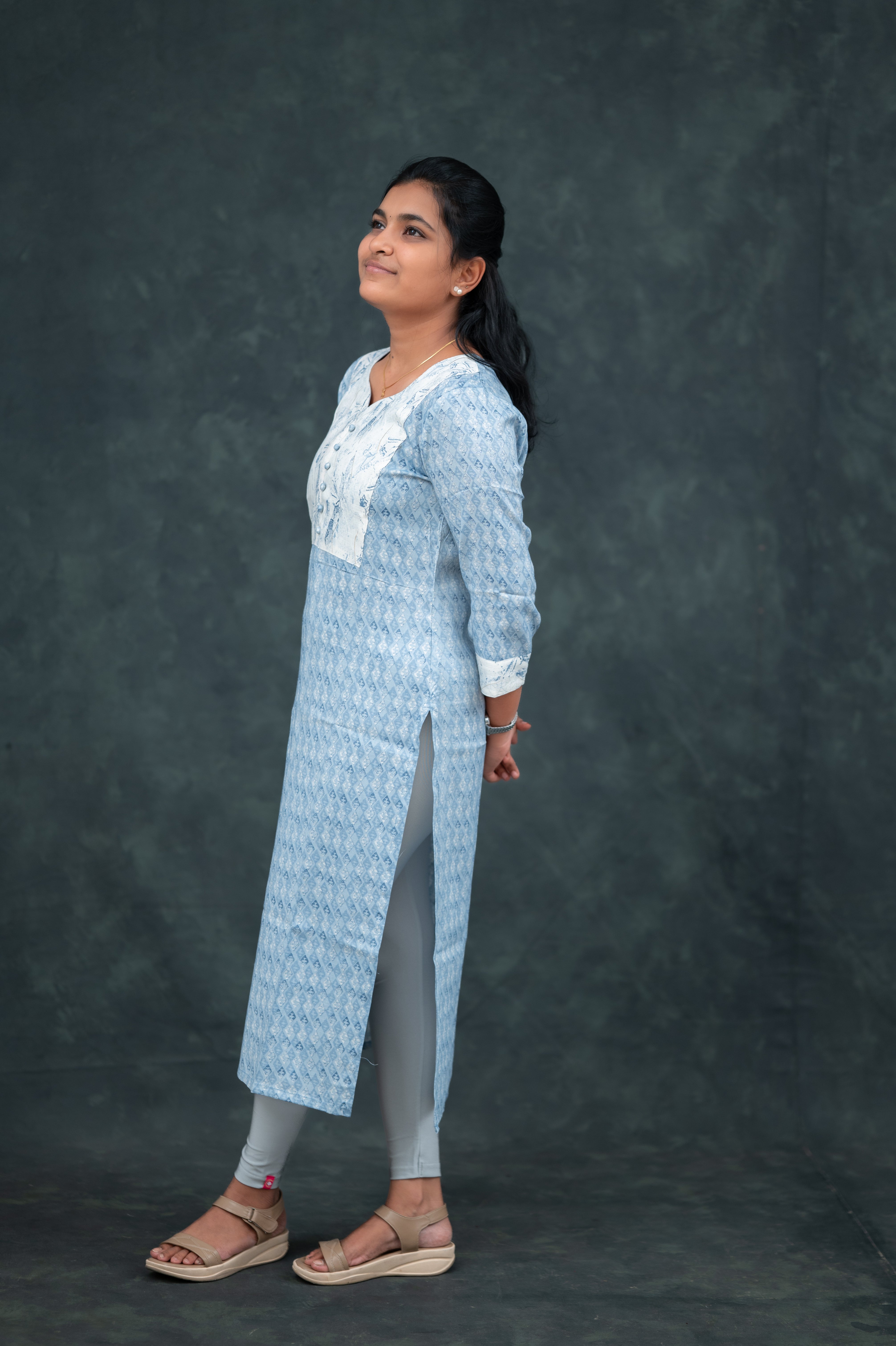🛍️  Sky Blue Printed  Straight Kurti with White Abstract Yoke