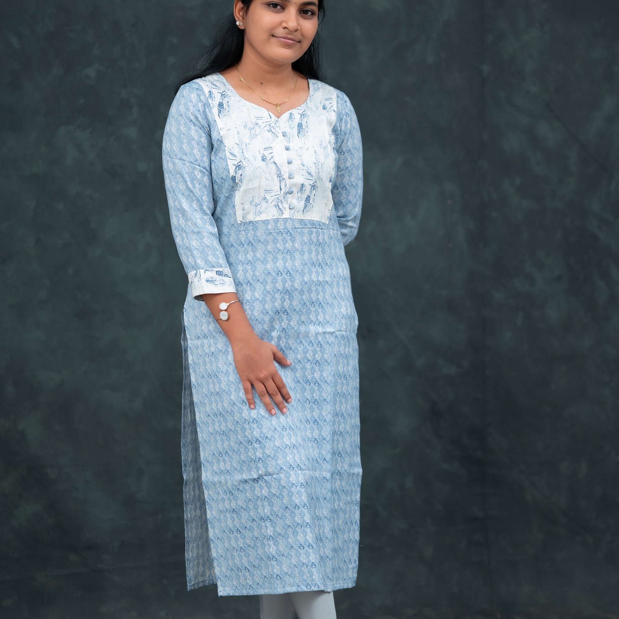 🛍️  Sky Blue Printed  Straight Kurti with White Abstract Yoke