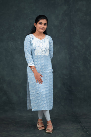 🛍️  Sky Blue Printed  Straight Kurti with White Abstract Yoke