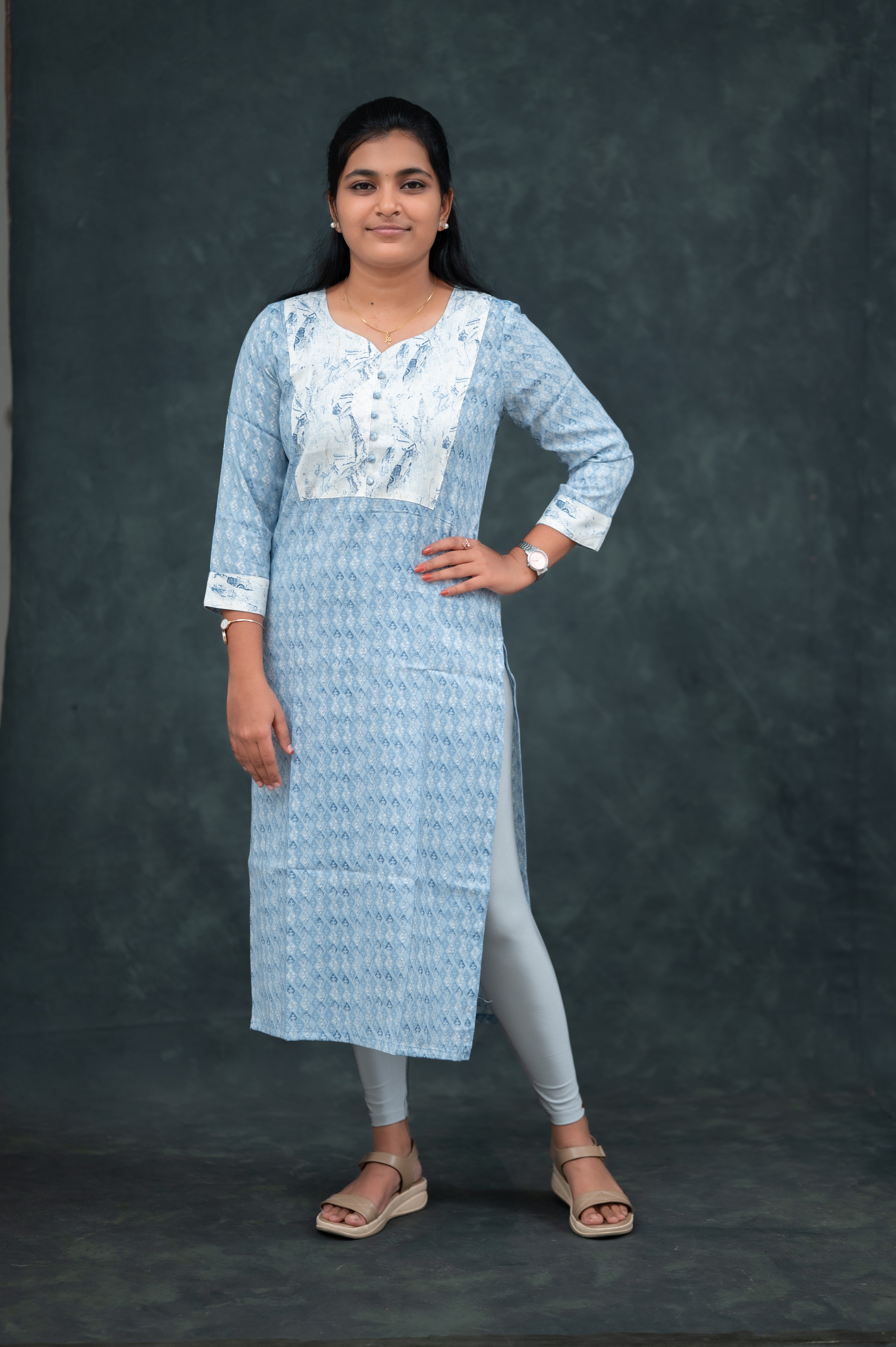 🛍️  Sky Blue Printed  Straight Kurti with White Abstract Yoke