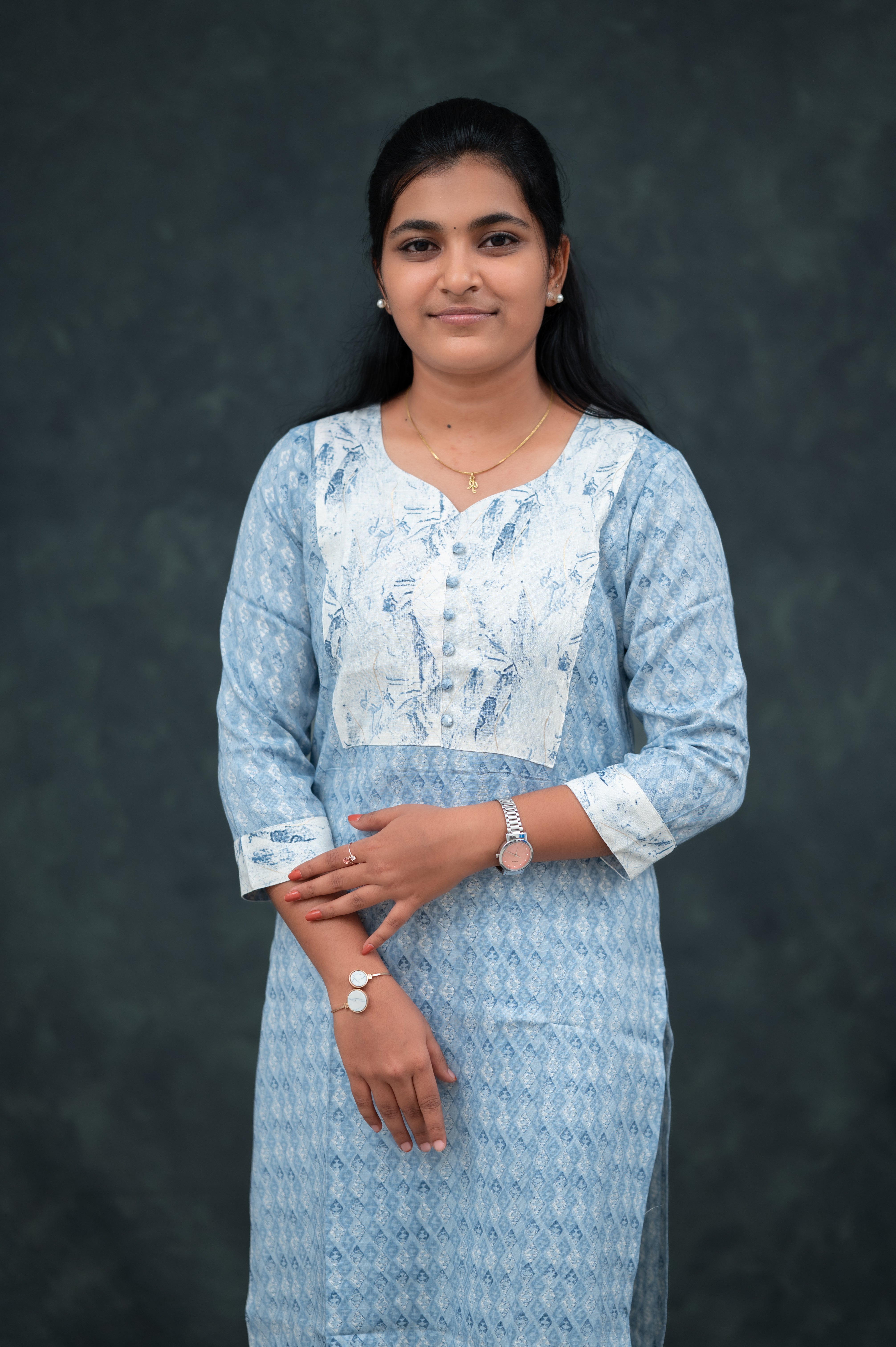🛍️  Sky Blue Printed  Straight Kurti with White Abstract Yoke