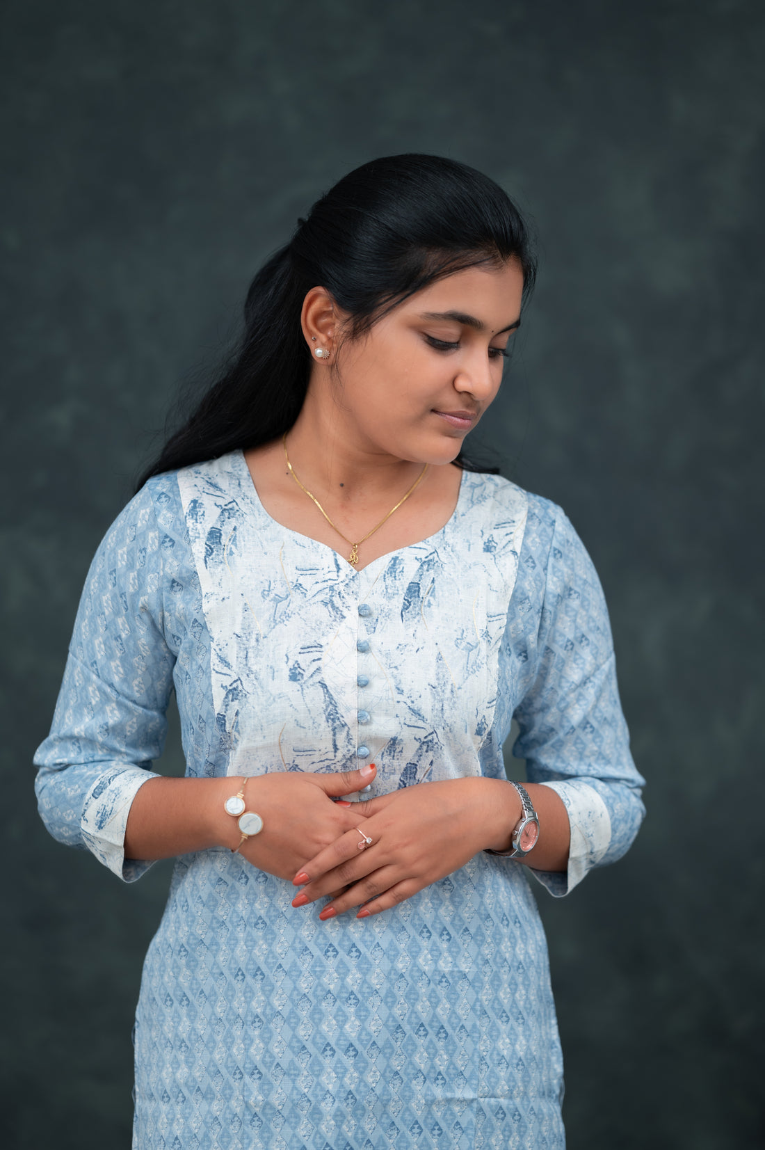 🛍️  Sky Blue Printed  Straight Kurti with White Abstract Yoke
