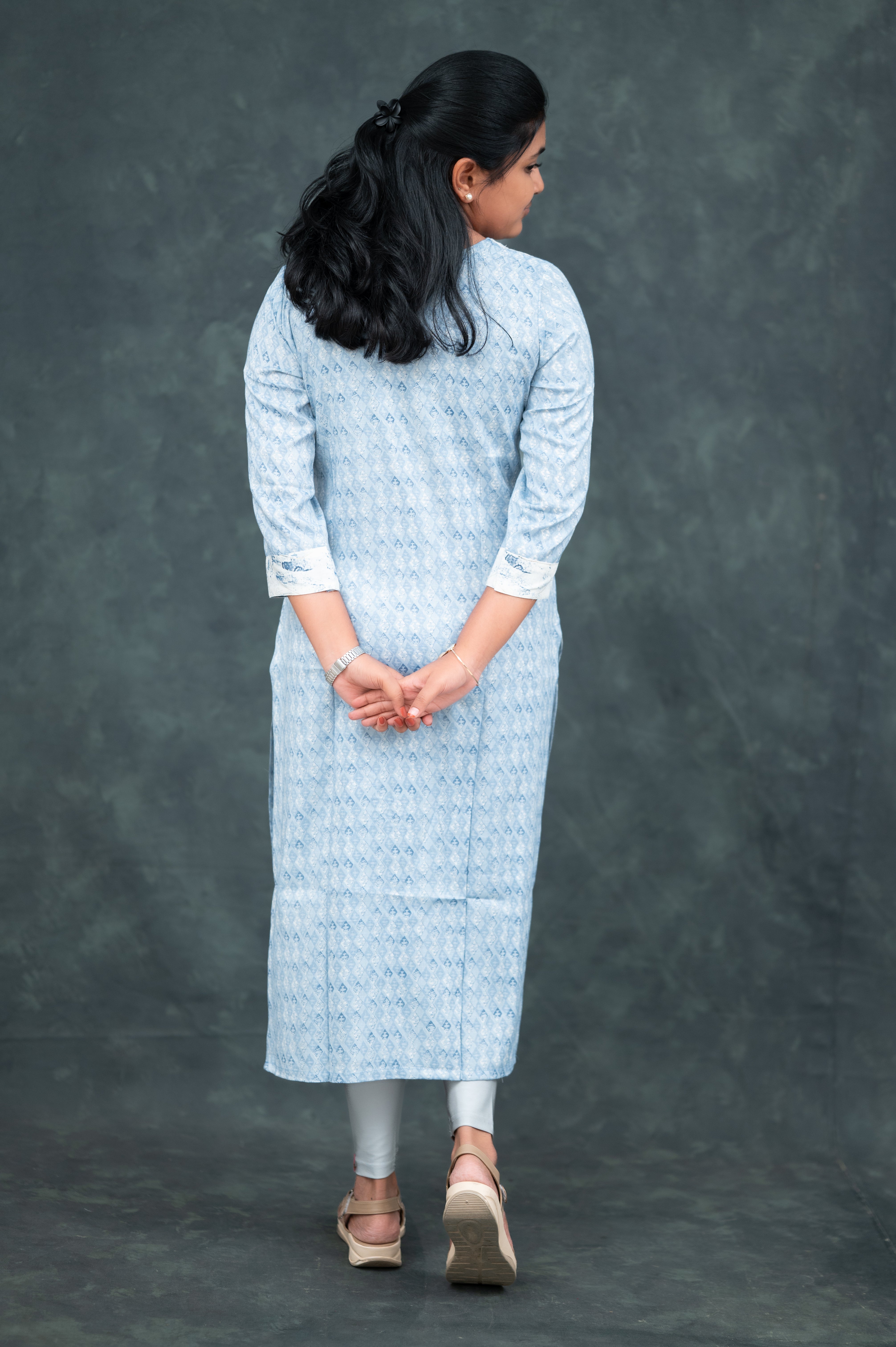 🛍️  Sky Blue Printed  Straight Kurti with White Abstract Yoke