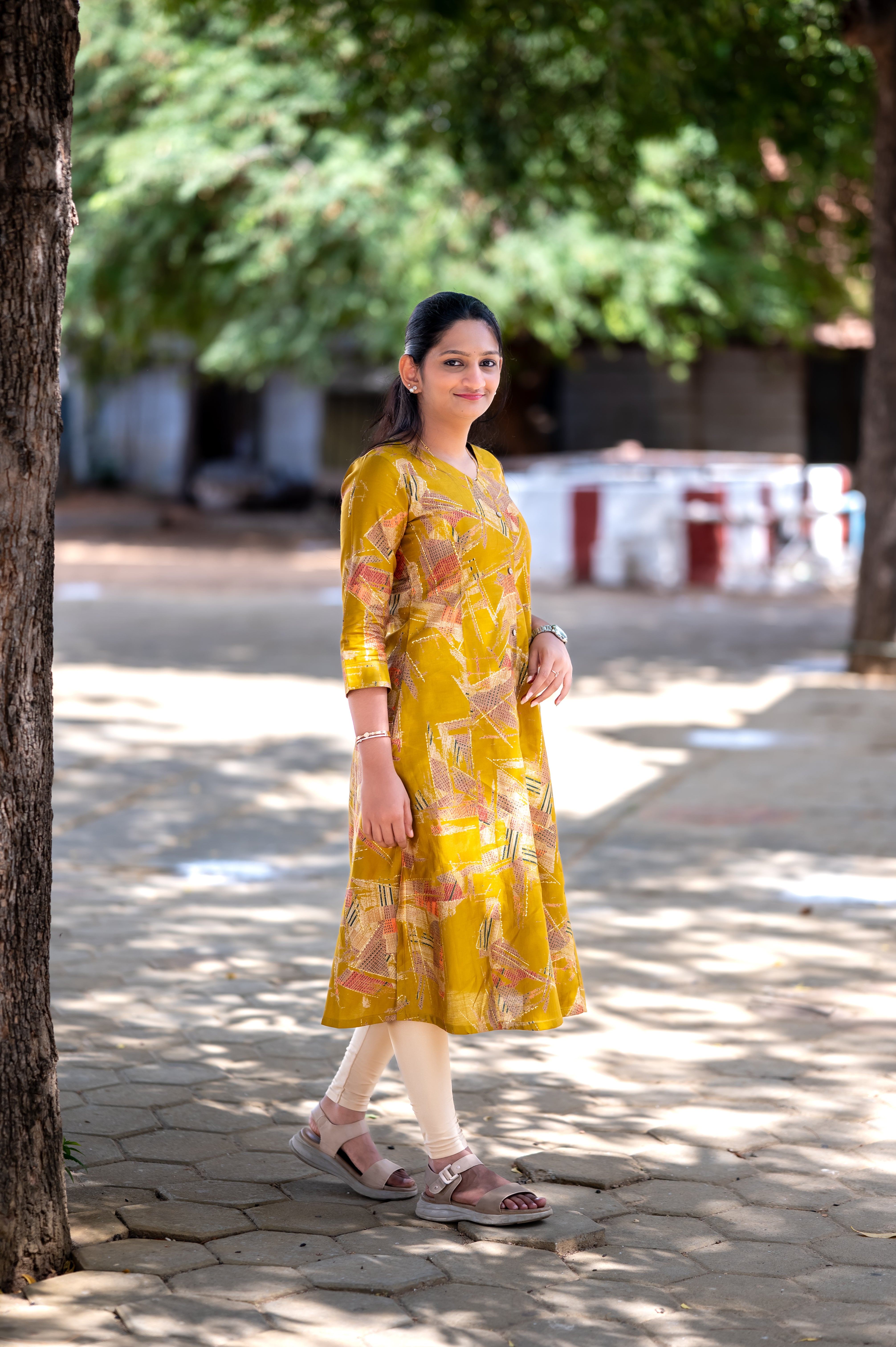 ☀️Mustard Abstract Charm A-Line Kurti"