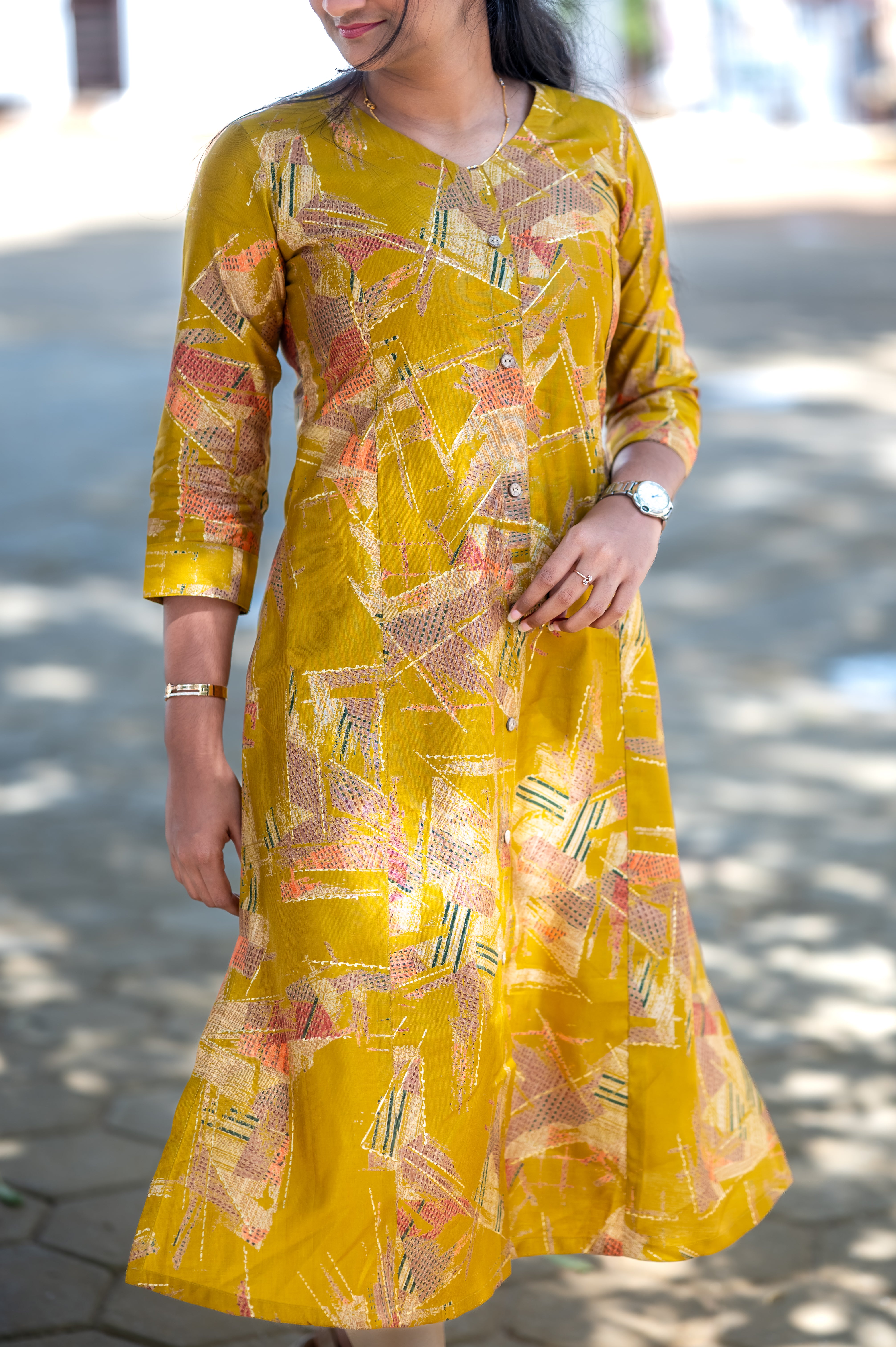 ☀️Mustard Abstract Charm A-Line Kurti"