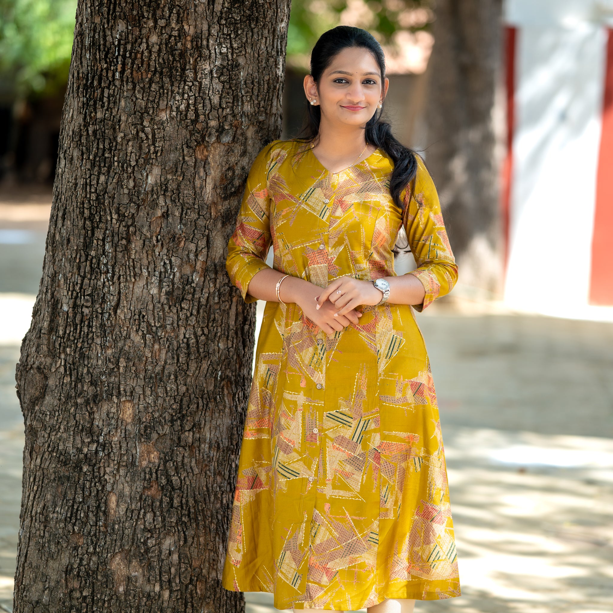 ☀️Mustard Abstract Charm A-Line Kurti"