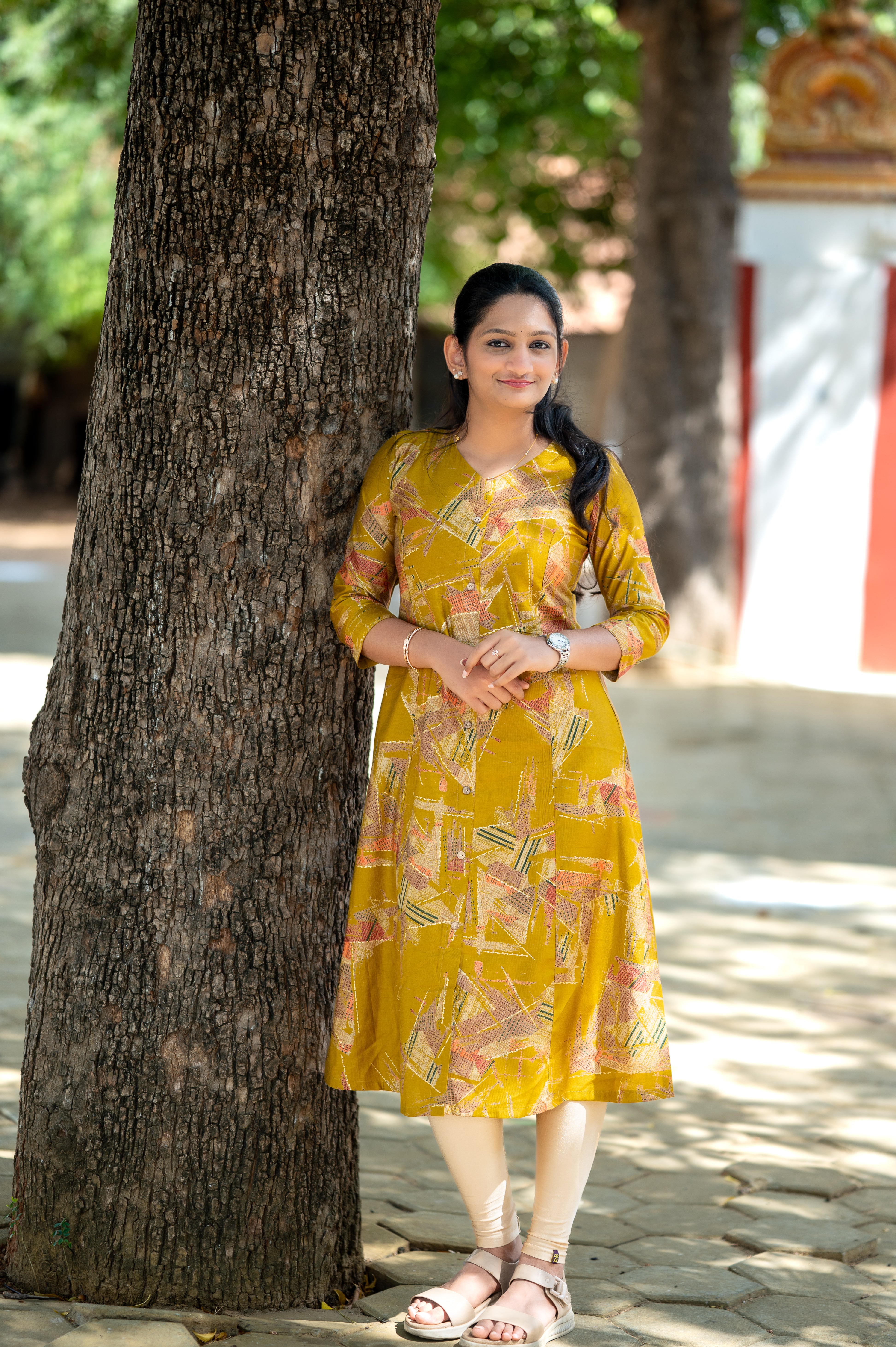 ☀️Mustard Abstract Charm A-Line Kurti"