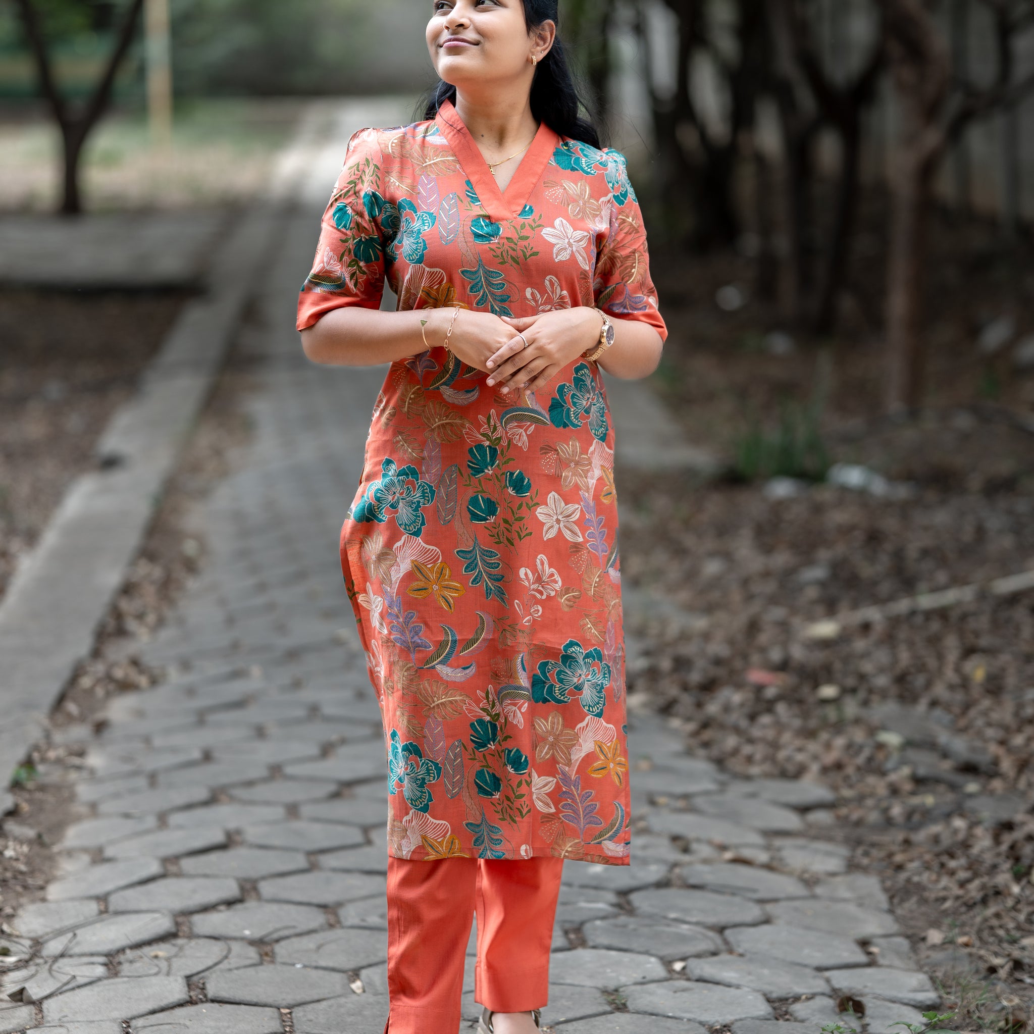 Rust Orange Floral V-Neck Kurti Set