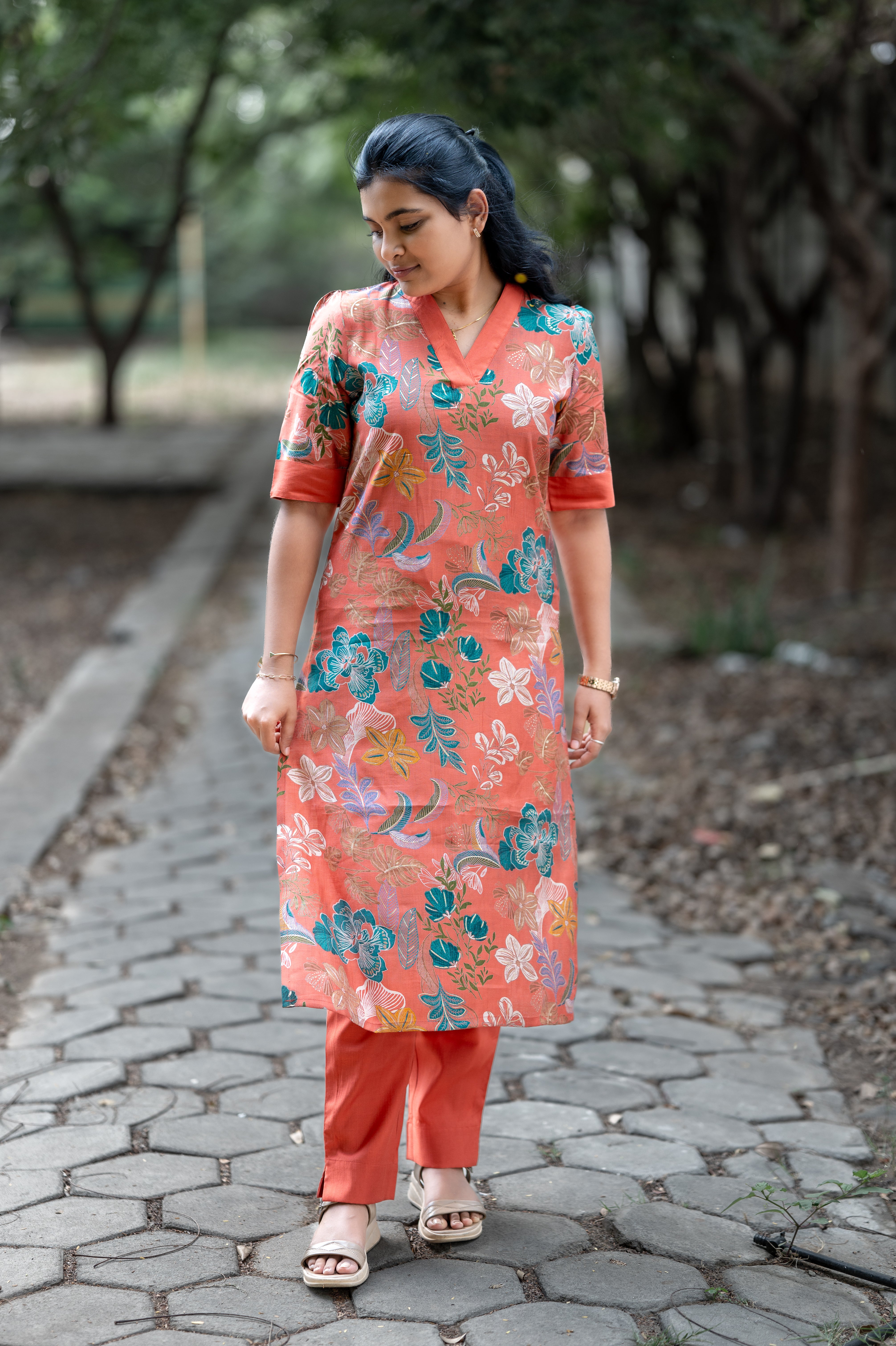 Rust Orange Floral V-Neck Kurti Set