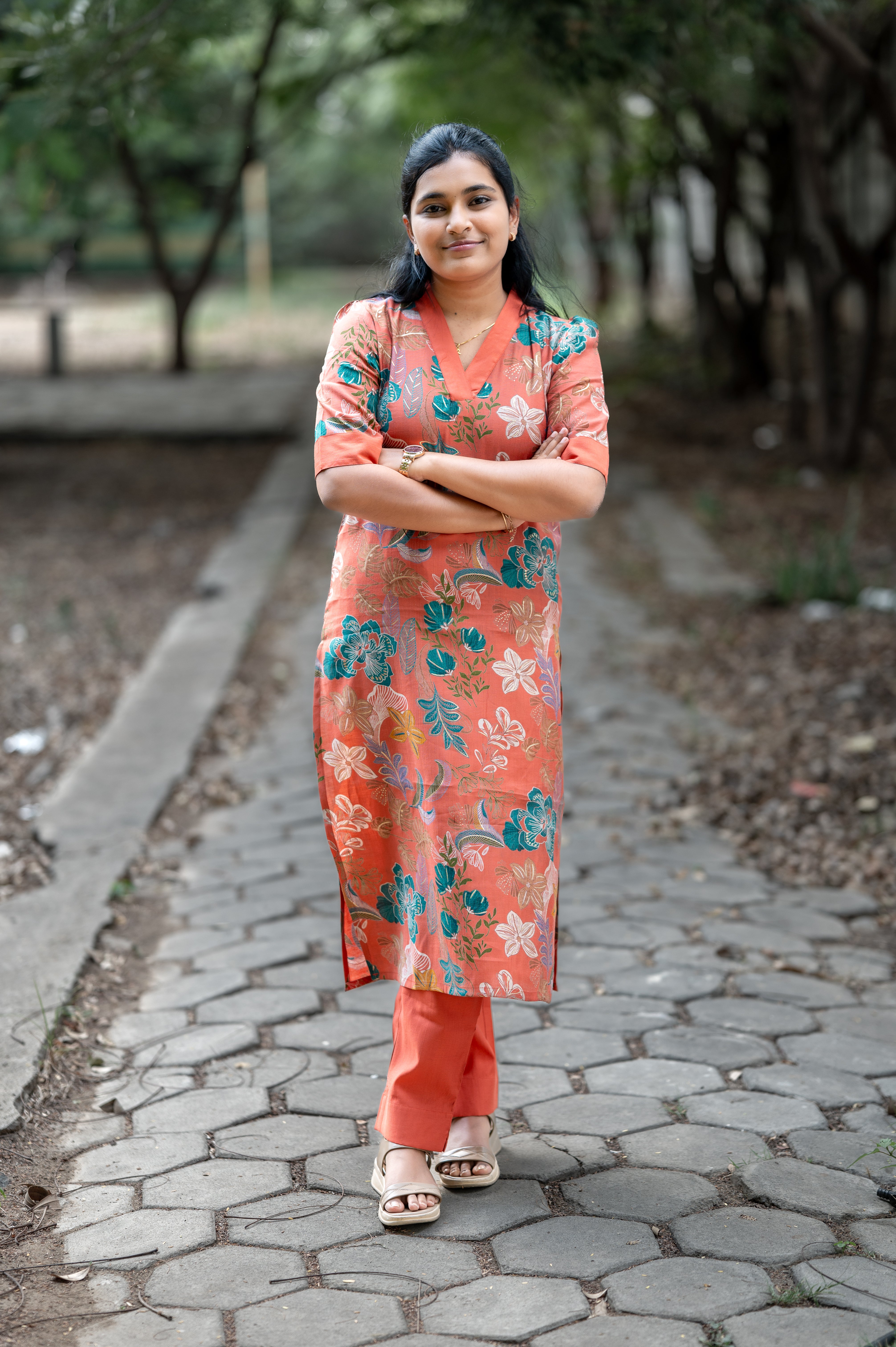 Rust Orange Floral V-Neck Kurti Set