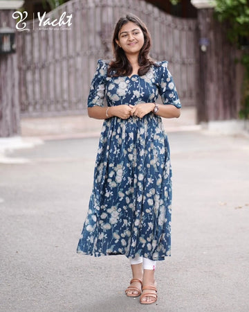 Steel Blue Floral Printed Cotton Maxi Dress