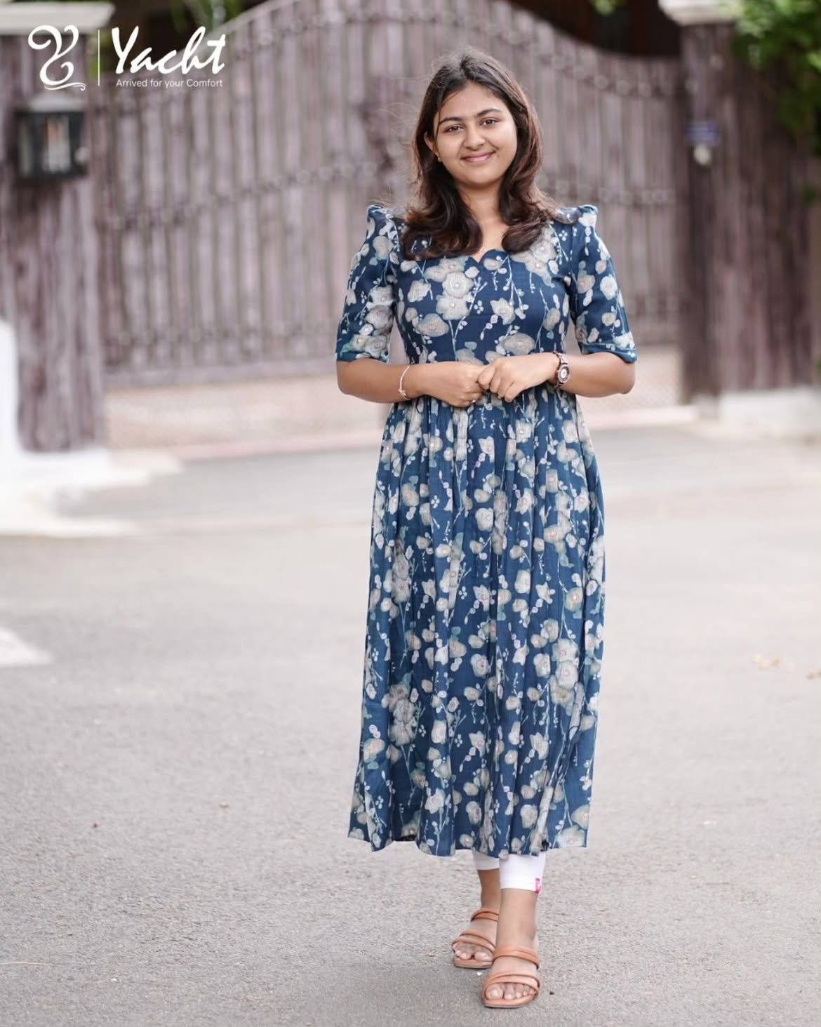 Steel Blue Floral Printed Cotton Maxi Dress