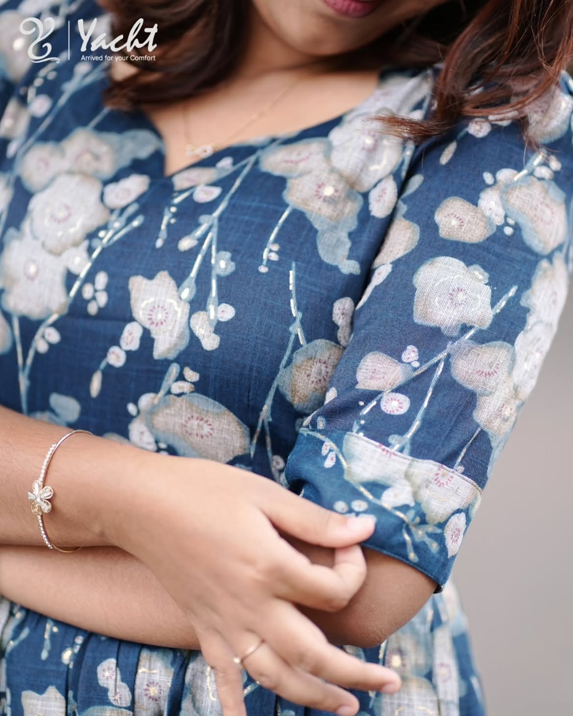 Steel Blue Floral Printed Cotton Maxi Dress