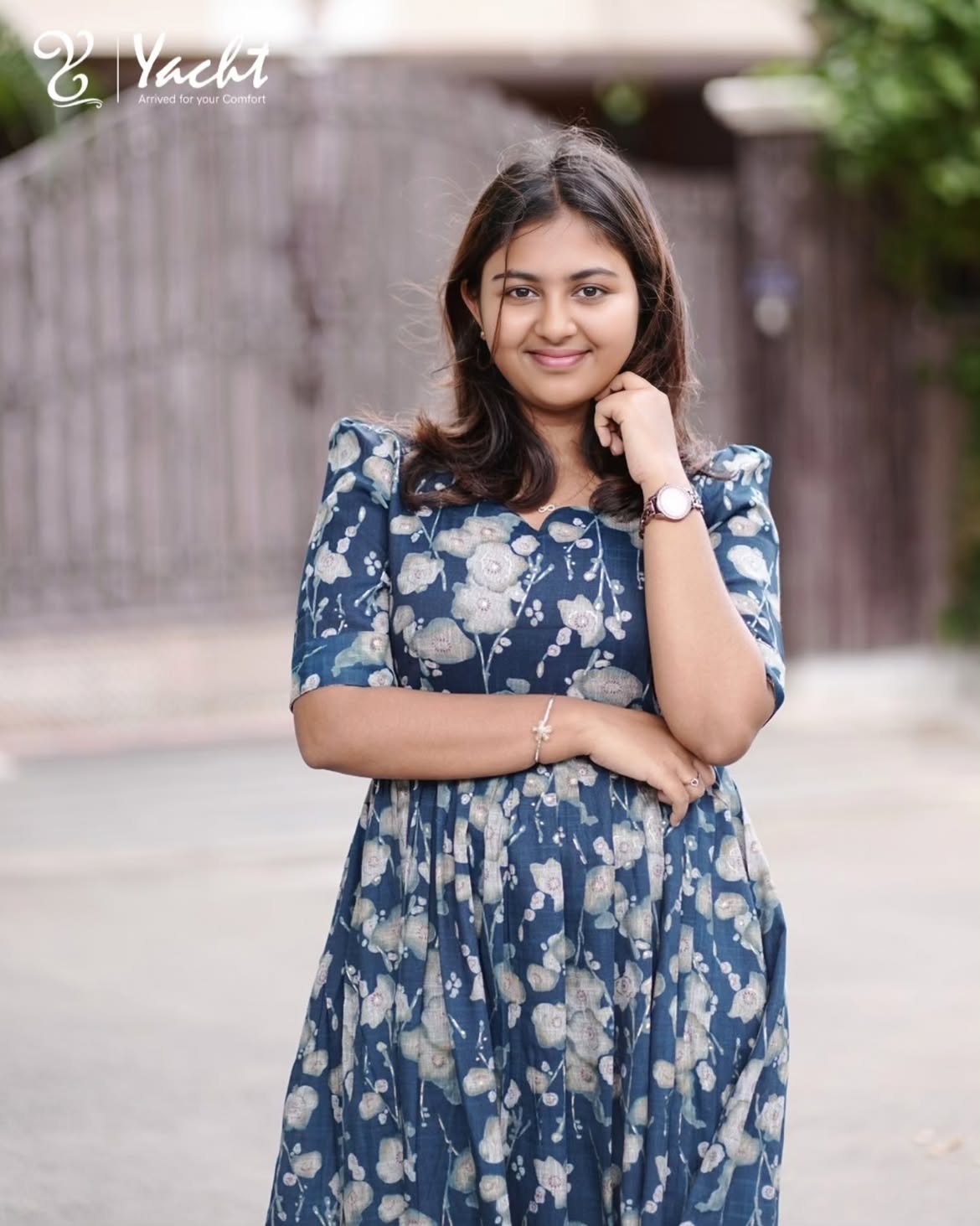Steel Blue Floral Printed Cotton Maxi Dress