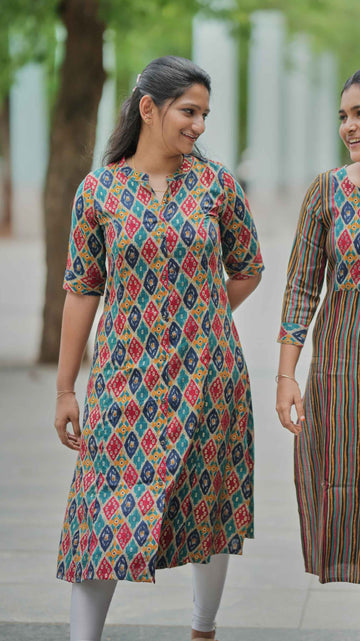 🪅Vibrant Ikat Charm A-Line Kurti"