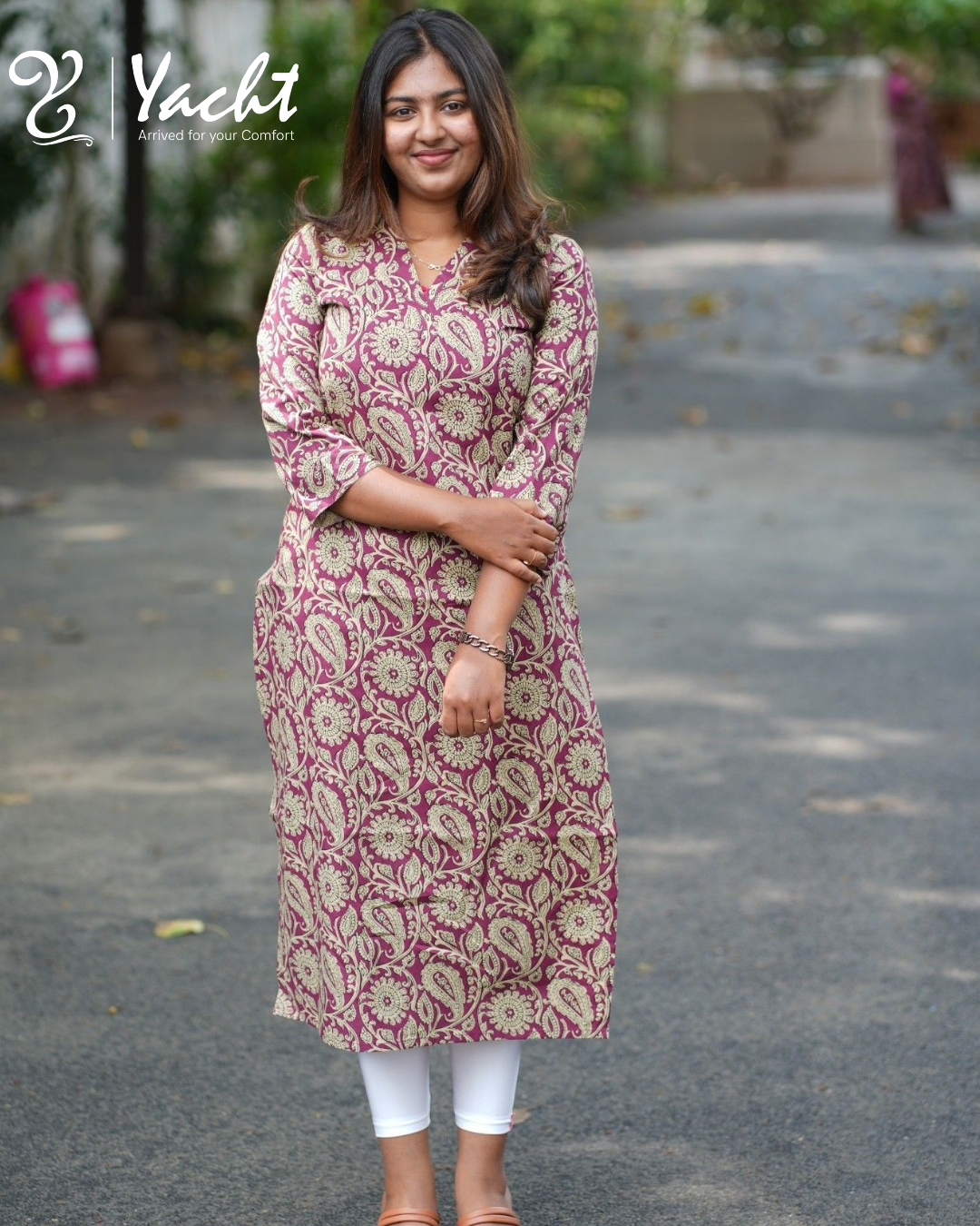 Plum Kalamkari Cotton V-Neck Kurti