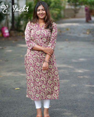 Plum Kalamkari Cotton V-Neck Kurti
